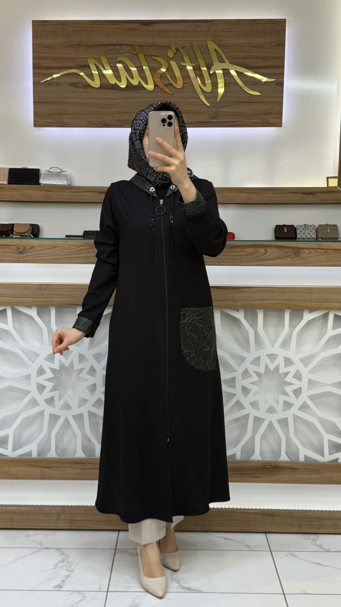Deri Detaylı Kopüşon Zincirli Giy Çık Kap SİYAH haya A1613