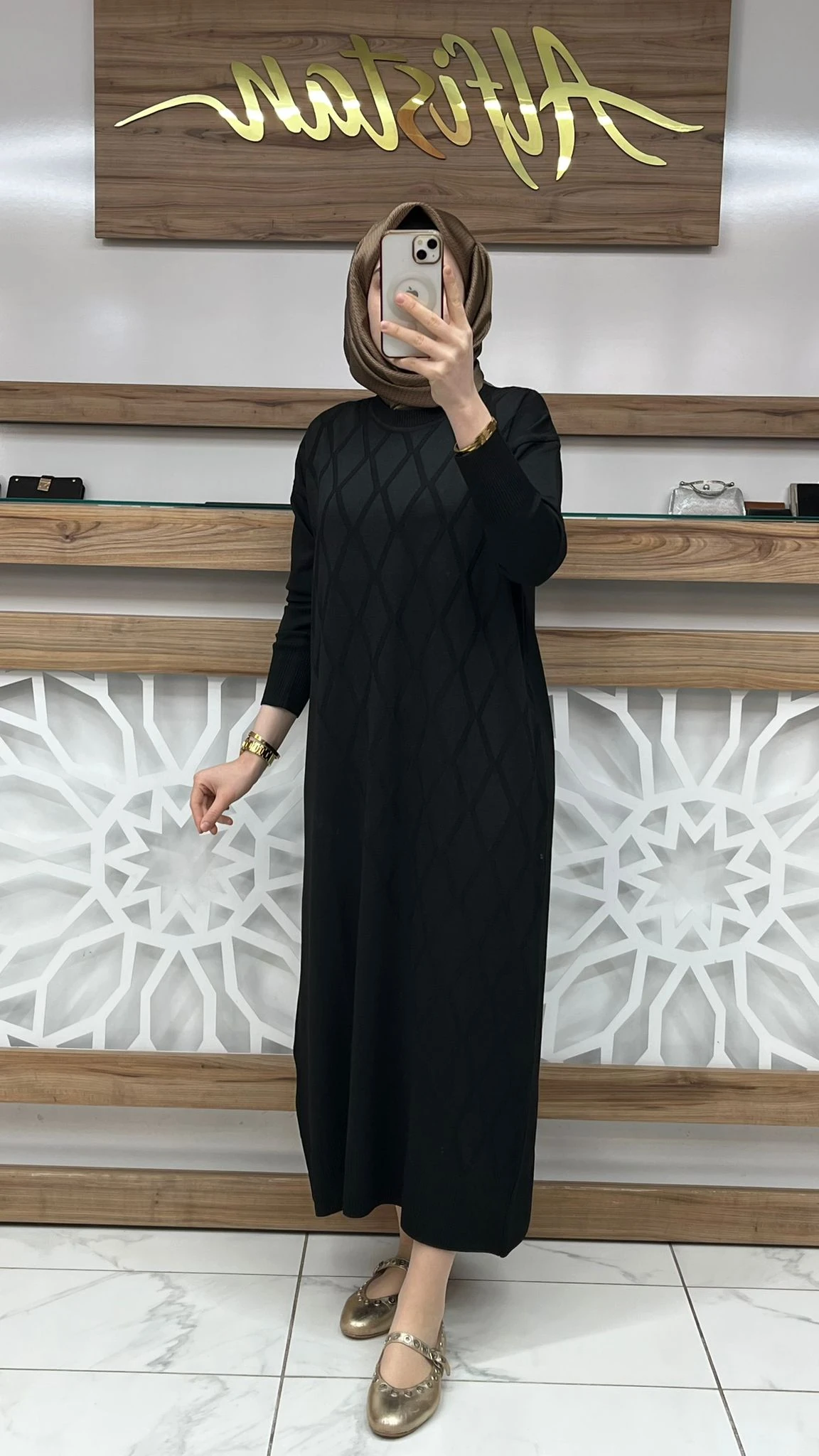 Baklava Desenli Merserize  Elbise armn 25KTD957