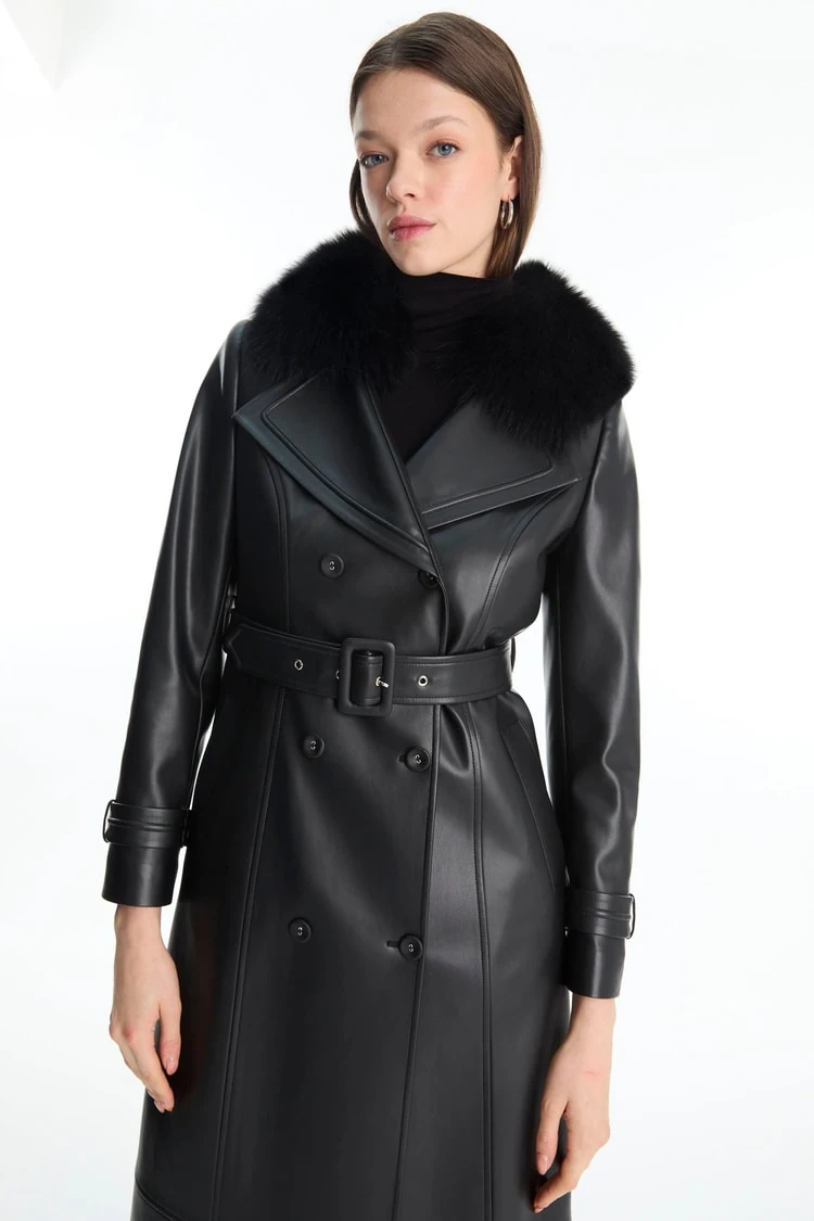 Kürk Detaylı Kemerli Siyah Deri Trençkot ZÜHRE 13832