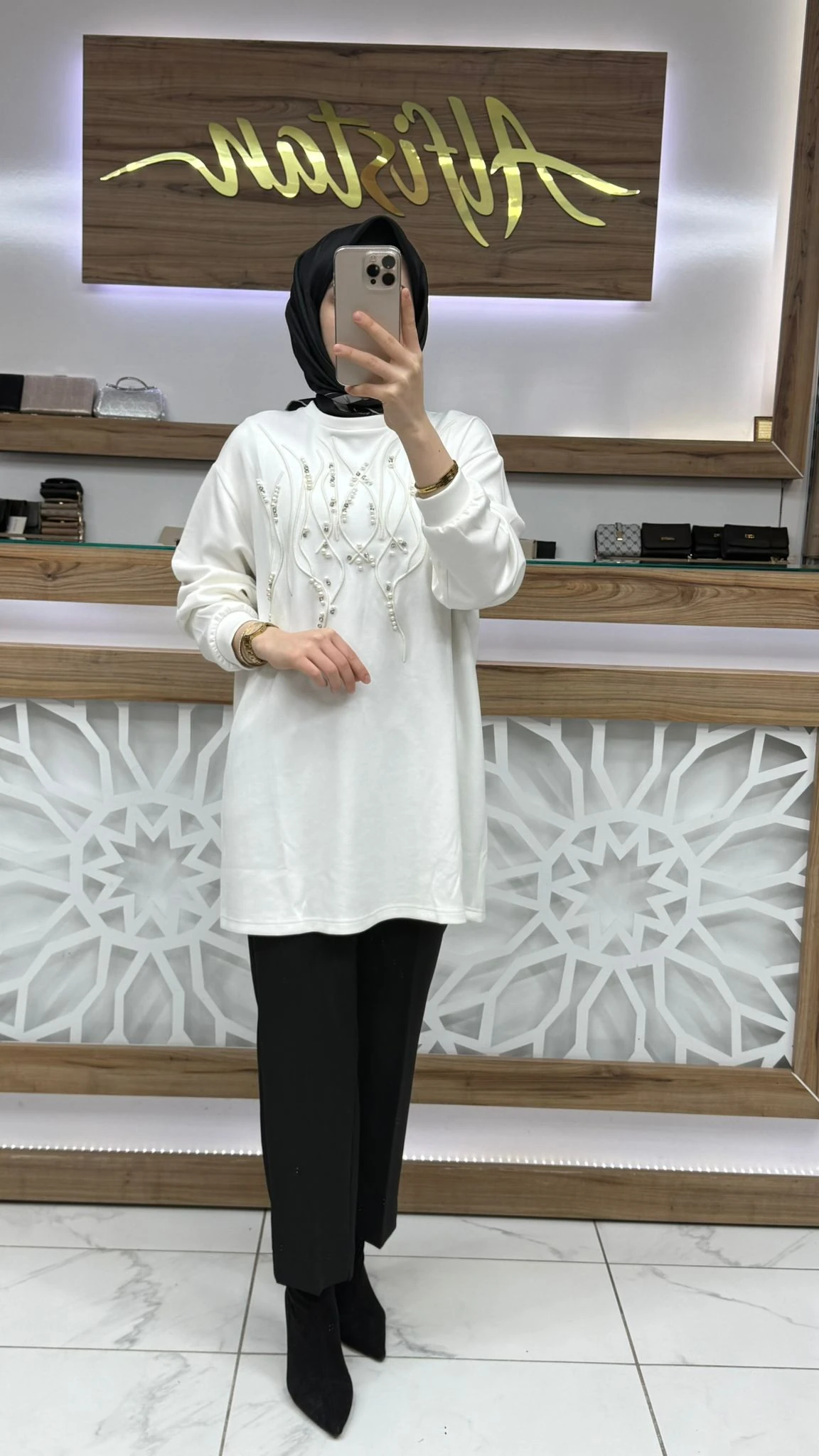 Önü İnci Taş İşlemeli Tunik lvdr 1013 - ekru