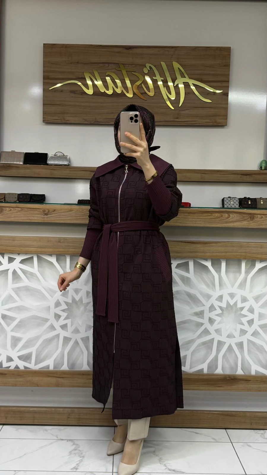 Yaka Manşet ve Kemeri Triko  İçi Astarlı Jakar Kap nuss  26K604