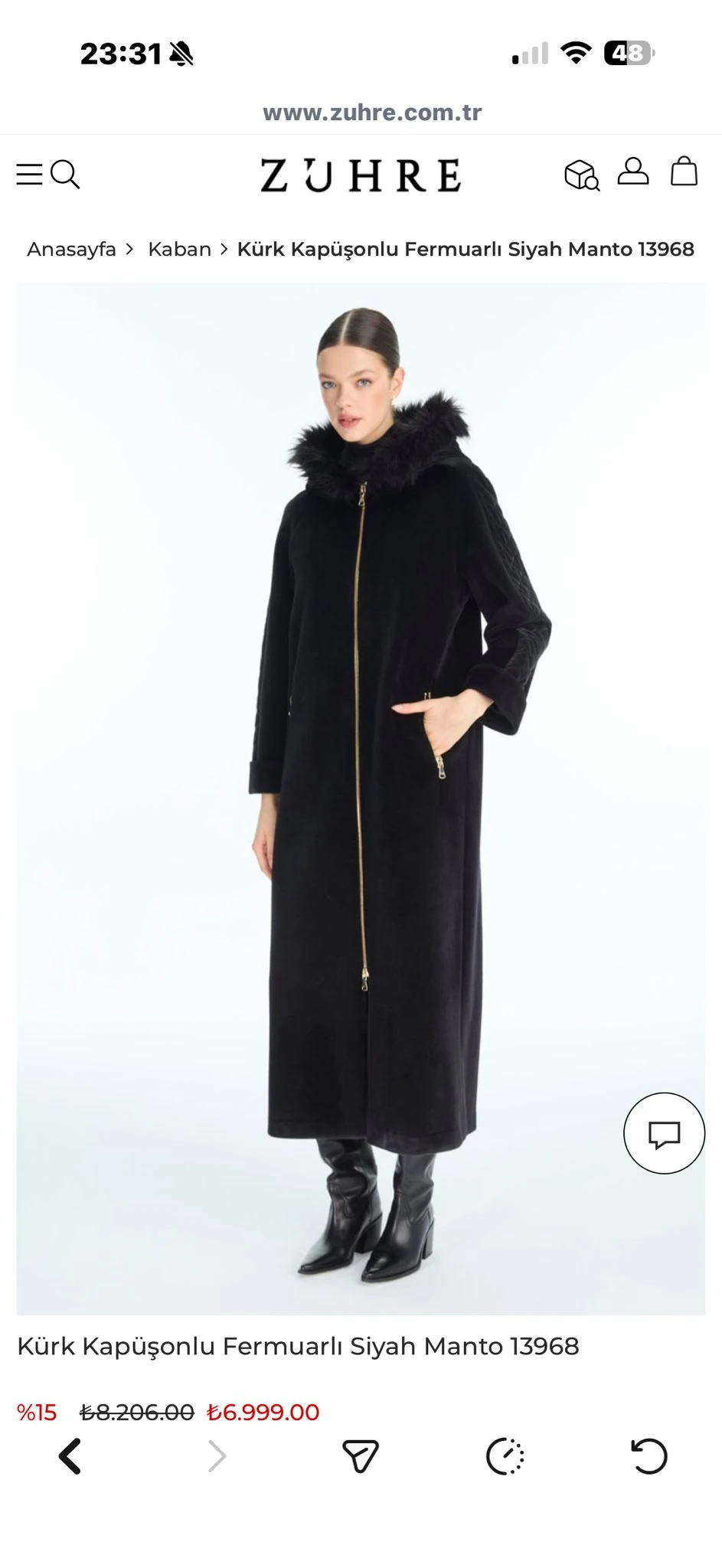 Kürk Kapüşonlu Fermuarlı SİYAH Manto Zühre 13968