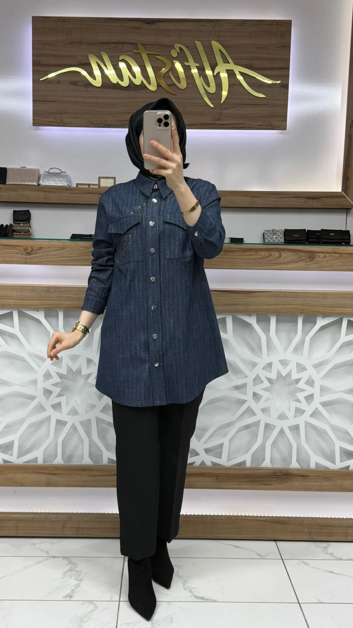 Desenli Cep Detaylı Kahve Gömlek LACİVERT  zühre G-0117