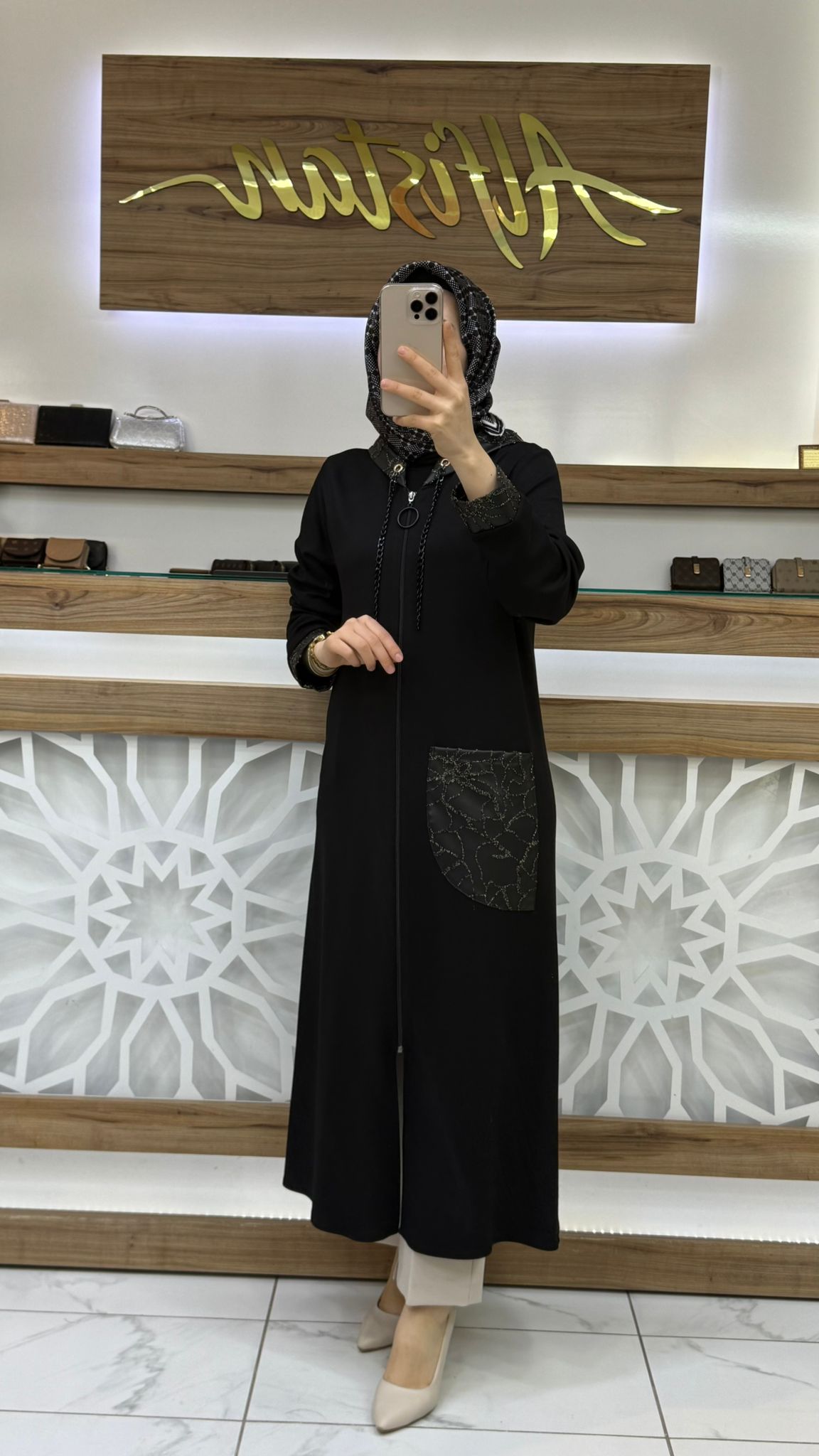 Deri Detaylı Kopüşon Zincirli Giy Çık Kap SİYAH haya A1613