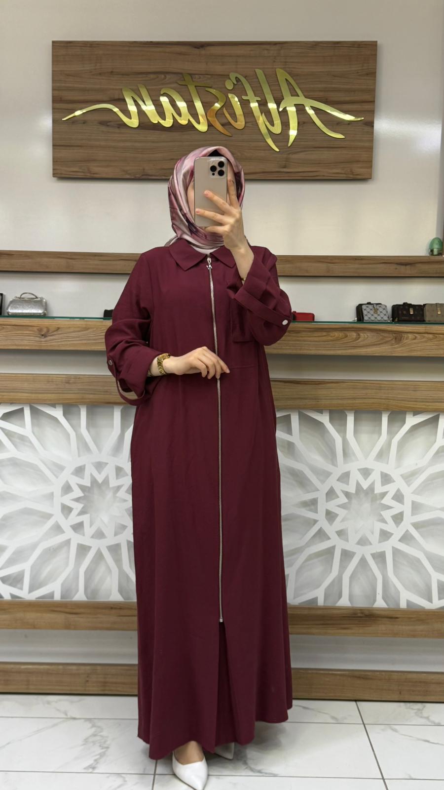 Beli Lastik Kemer Detaylı Önü Fermuarlı Giy Çık Tensel Elbise nuss 26K2001 - Bordo