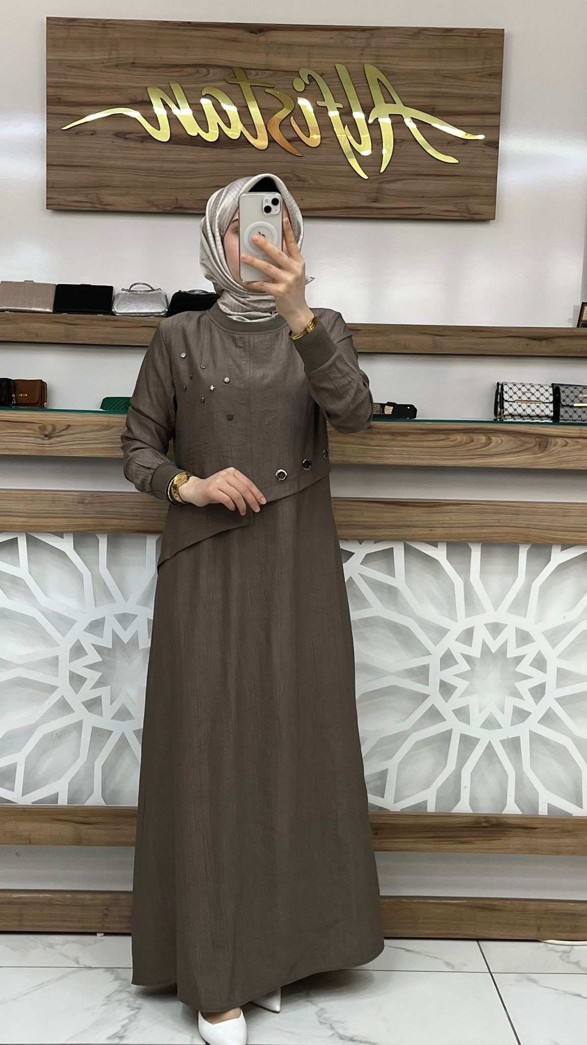 Kuş Gözü Detaylı  Elbise çnrö 2117 - Kahvrengi