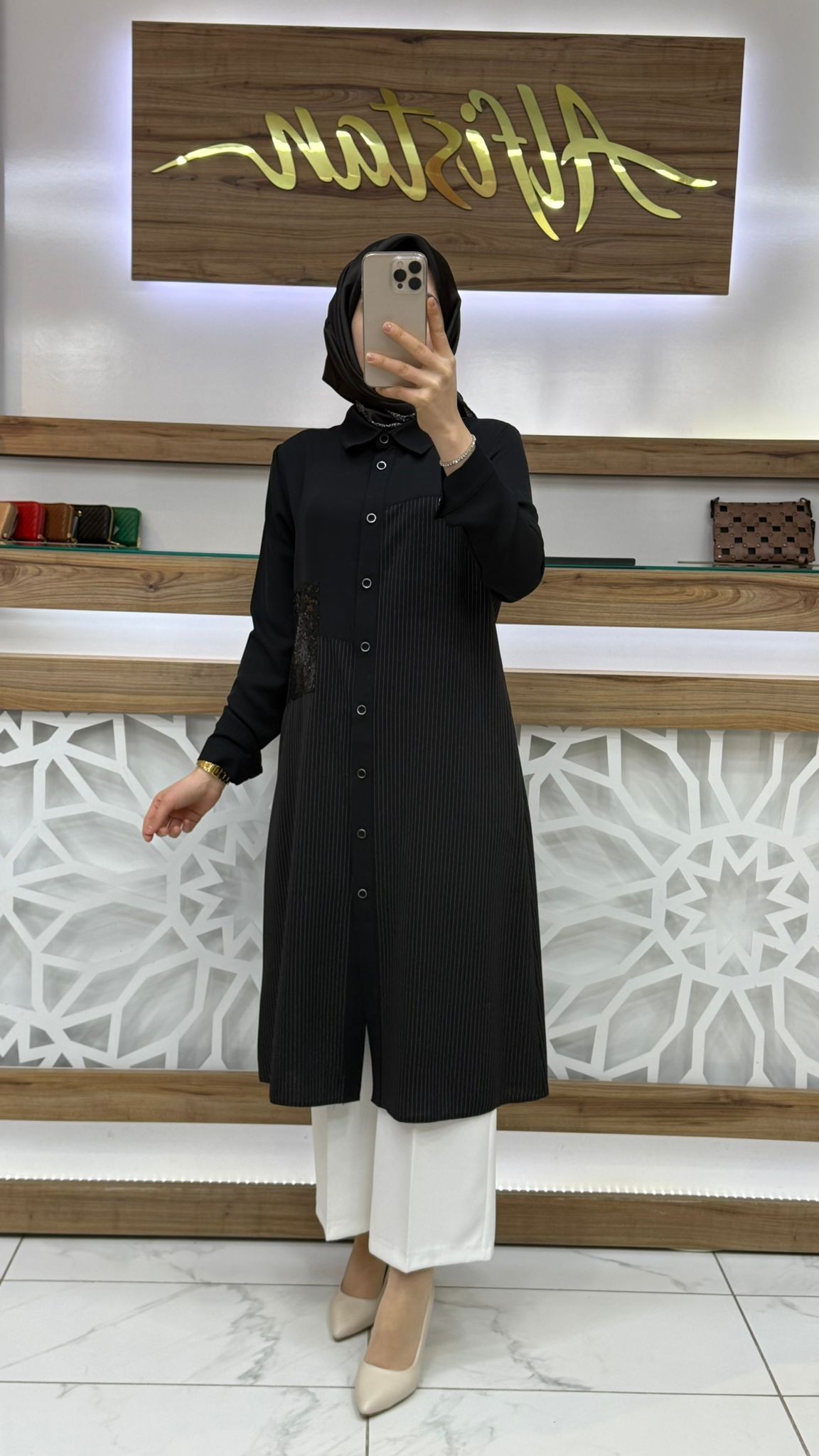Çizgili Pul Payetli Tesettür  Tunik SİYAH qtn 2921