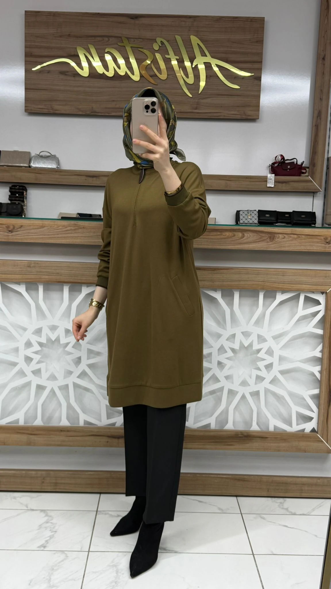 Fermuarlı Ribana Detaylı Kol ağızları Yarı fermuarlı Tunik armn 25KT461 - yeşil