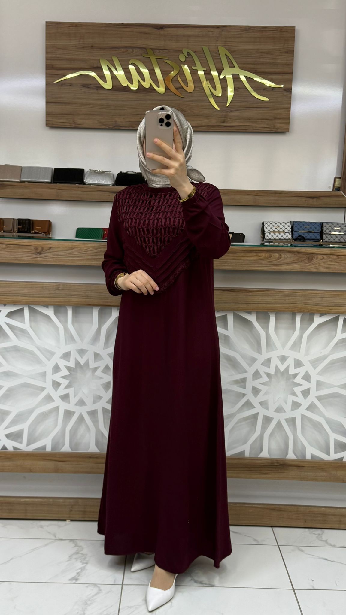 File Detaylı Nervür Garnili Viskon Elbise 561 - Bordo