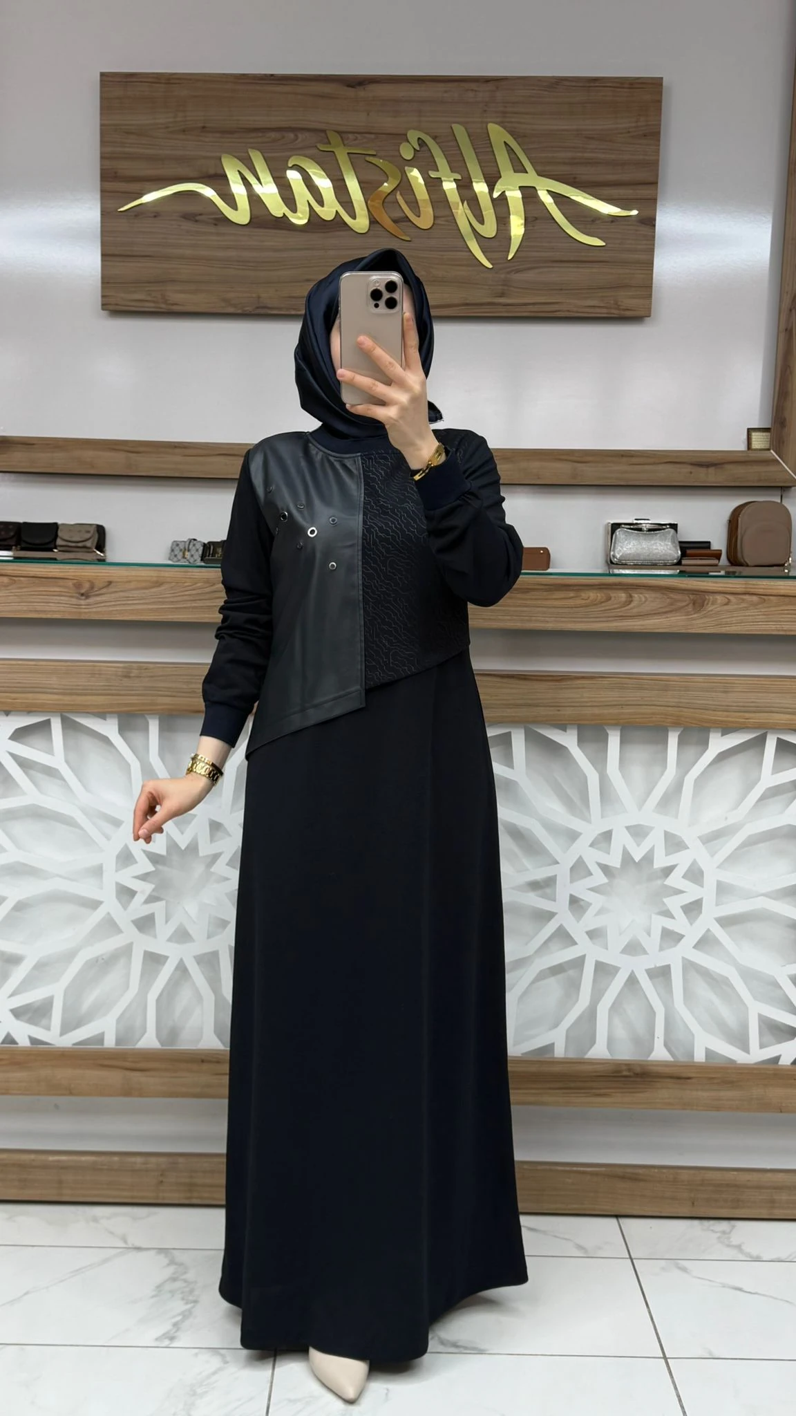 Deri ve Kuş Gözü Detaylı  Elbise çnrö 2251