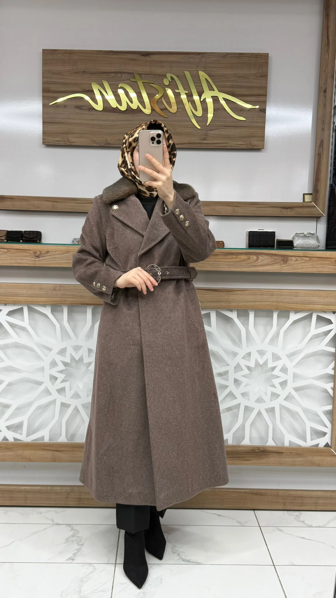 Yaka Detaylı Kemerli Manto  Zühre 13866 - taba