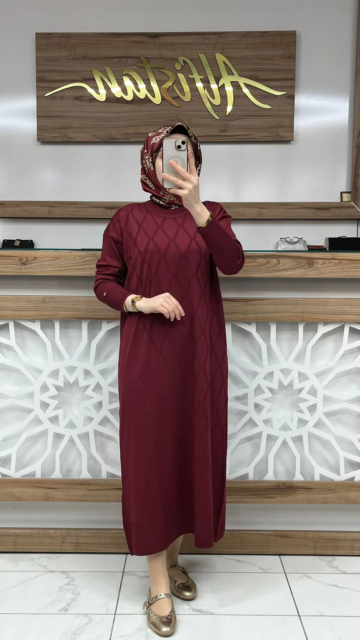 Baklava Desenli Merserize  Elbise armn 25KTD957 - Bordo