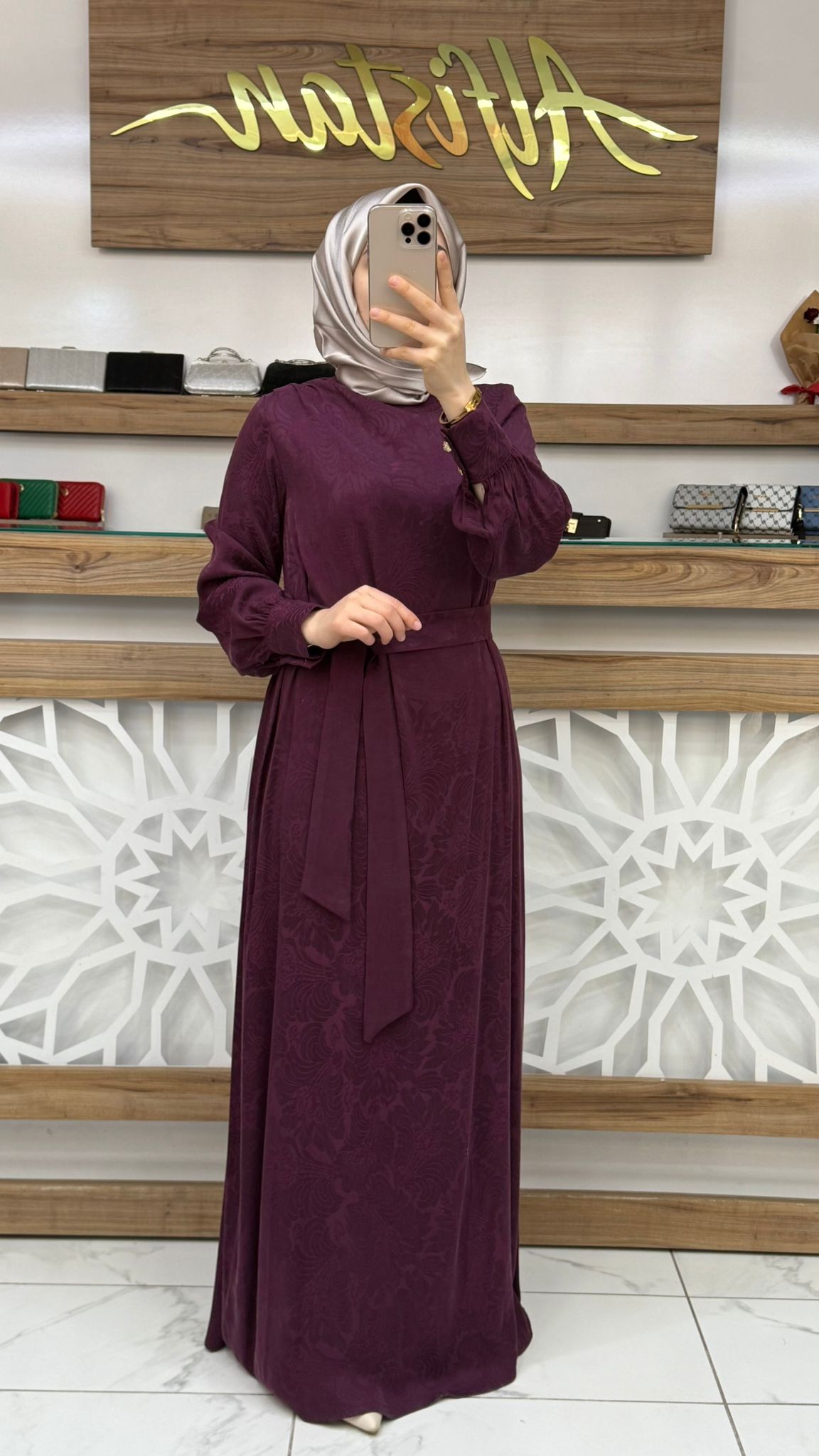 Saten Baskılı Elbise armn 25YT920 - vişne