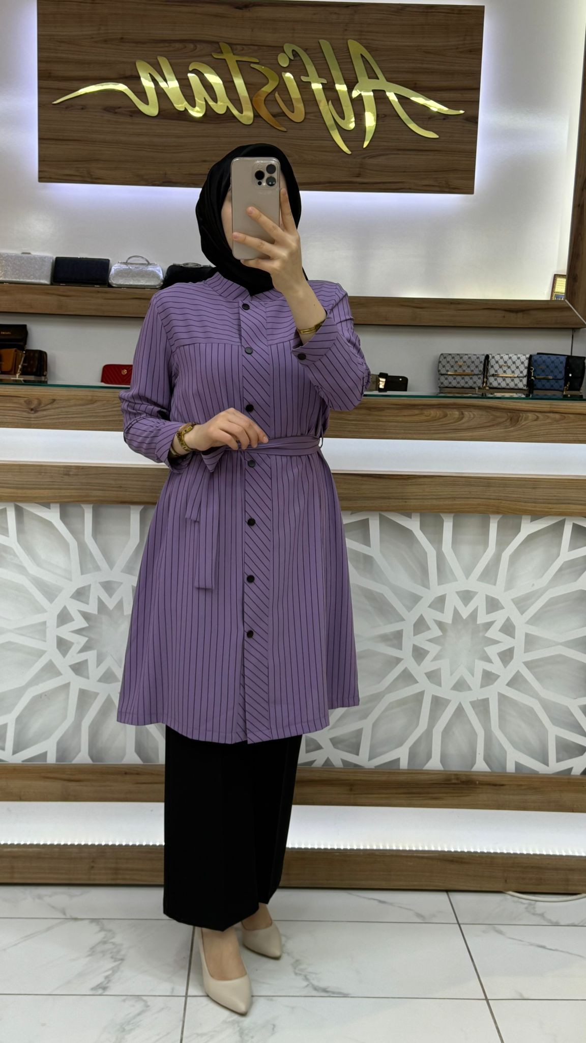  Çizgili Kadın Tesettür Tunik qtn 2904 - lila