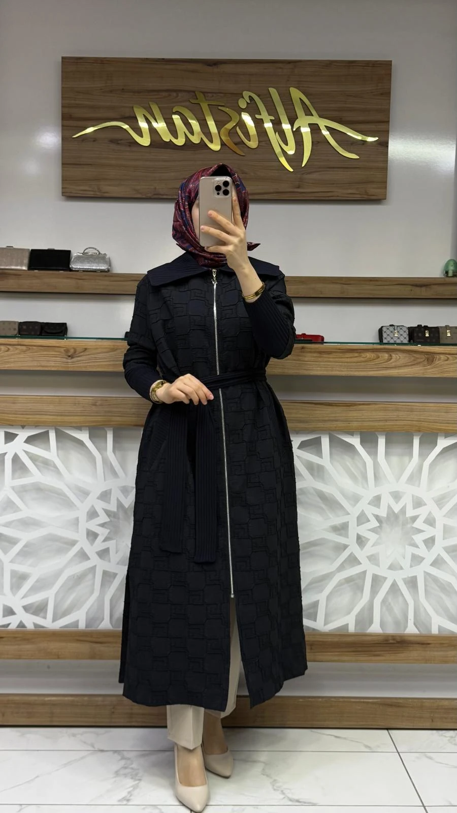 Yaka Manşet ve Kemeri Triko  İçi Astarlı Jakar Kap nuss  26K604 - lacivert