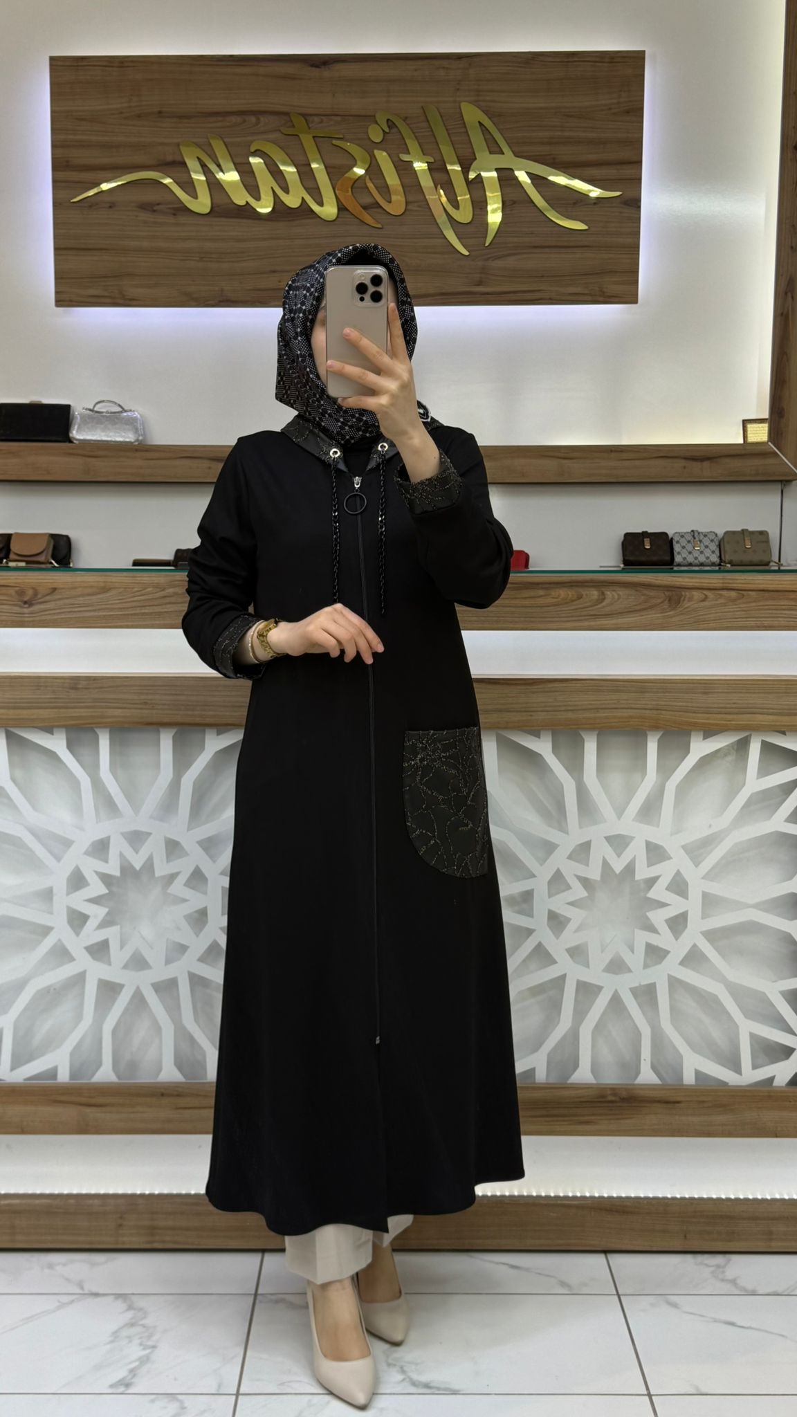 Deri Detaylı Kopüşon Zincirli Giy Çık Kap SİYAH haya A1613