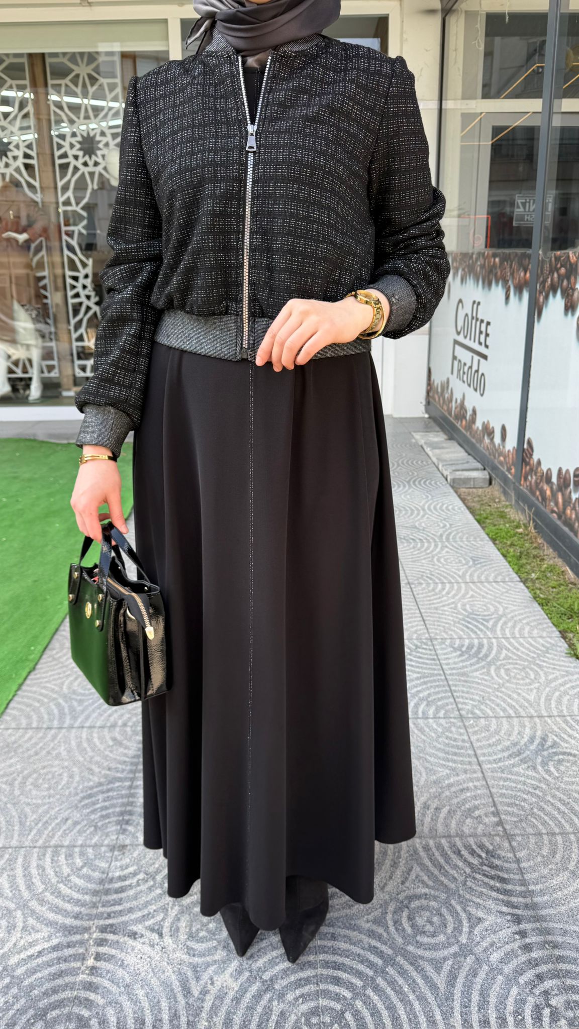 Desenli Bomber Ceket Elbise Siyah İkili Takım ZÜHRE TK-1662