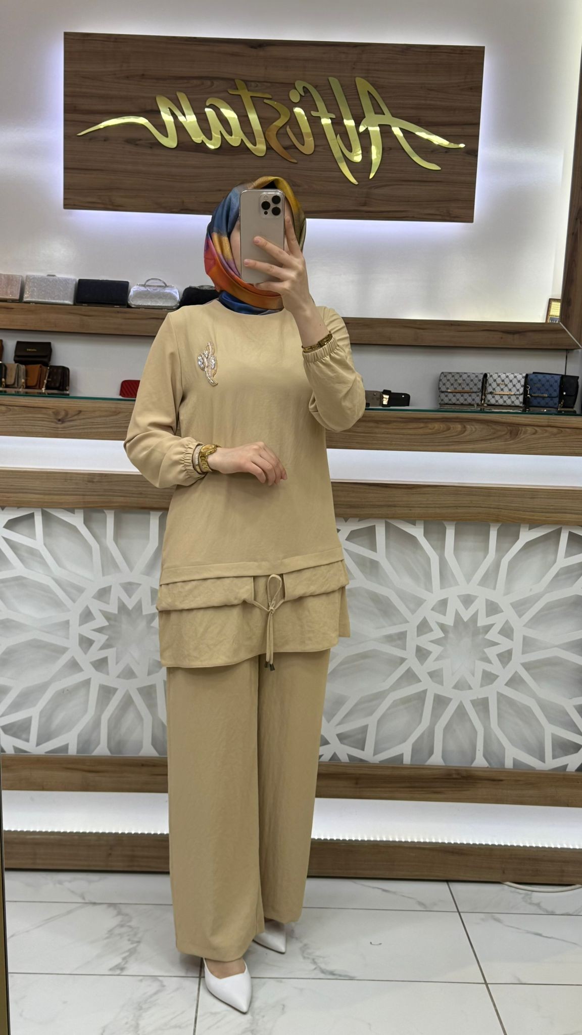 Bronş Detaylı Pantolonlu Kadın İkili Takım qntn 6119 - bej