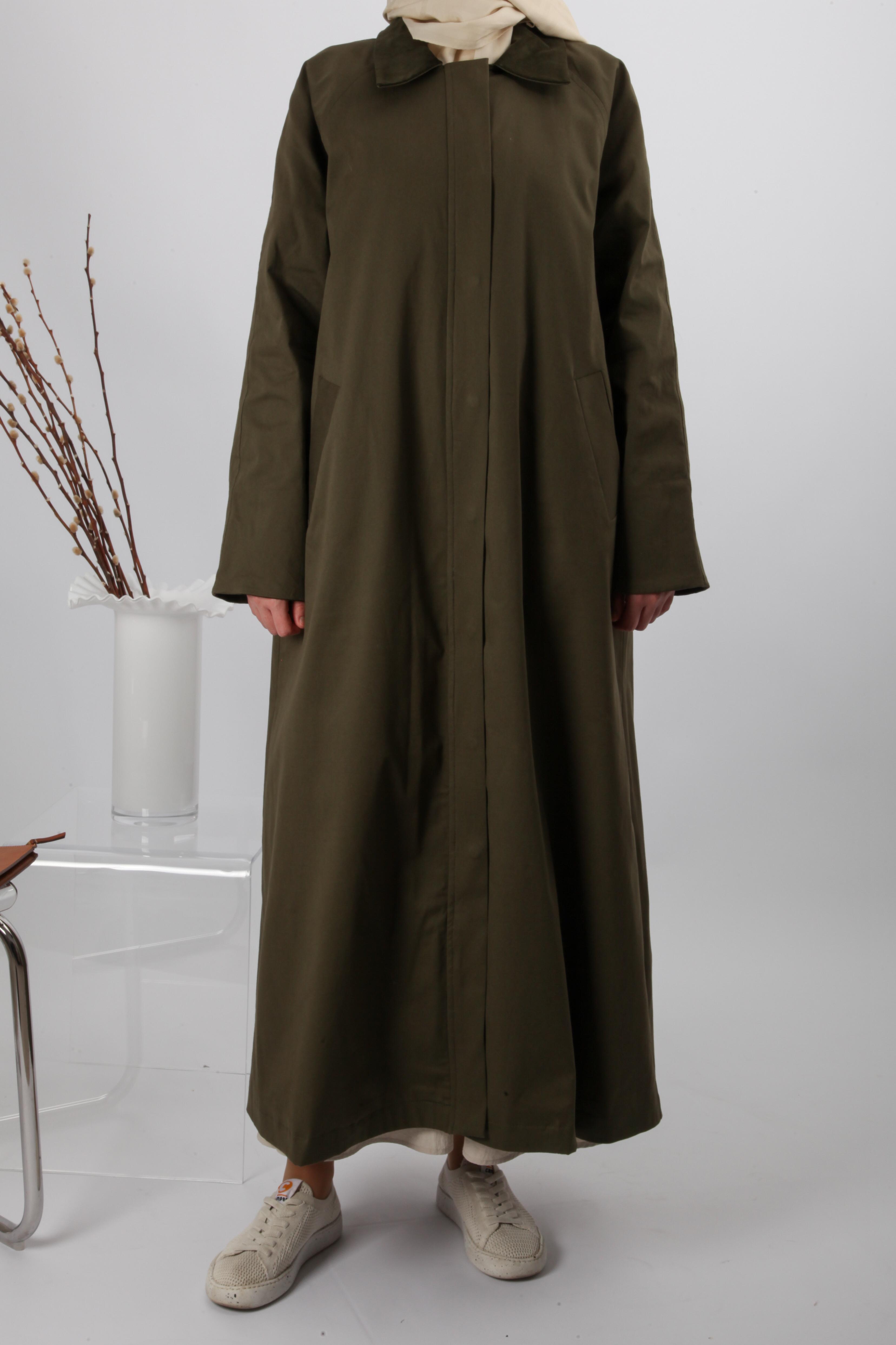 Oversize Kadife Yaka Uzun Ceket - Haki