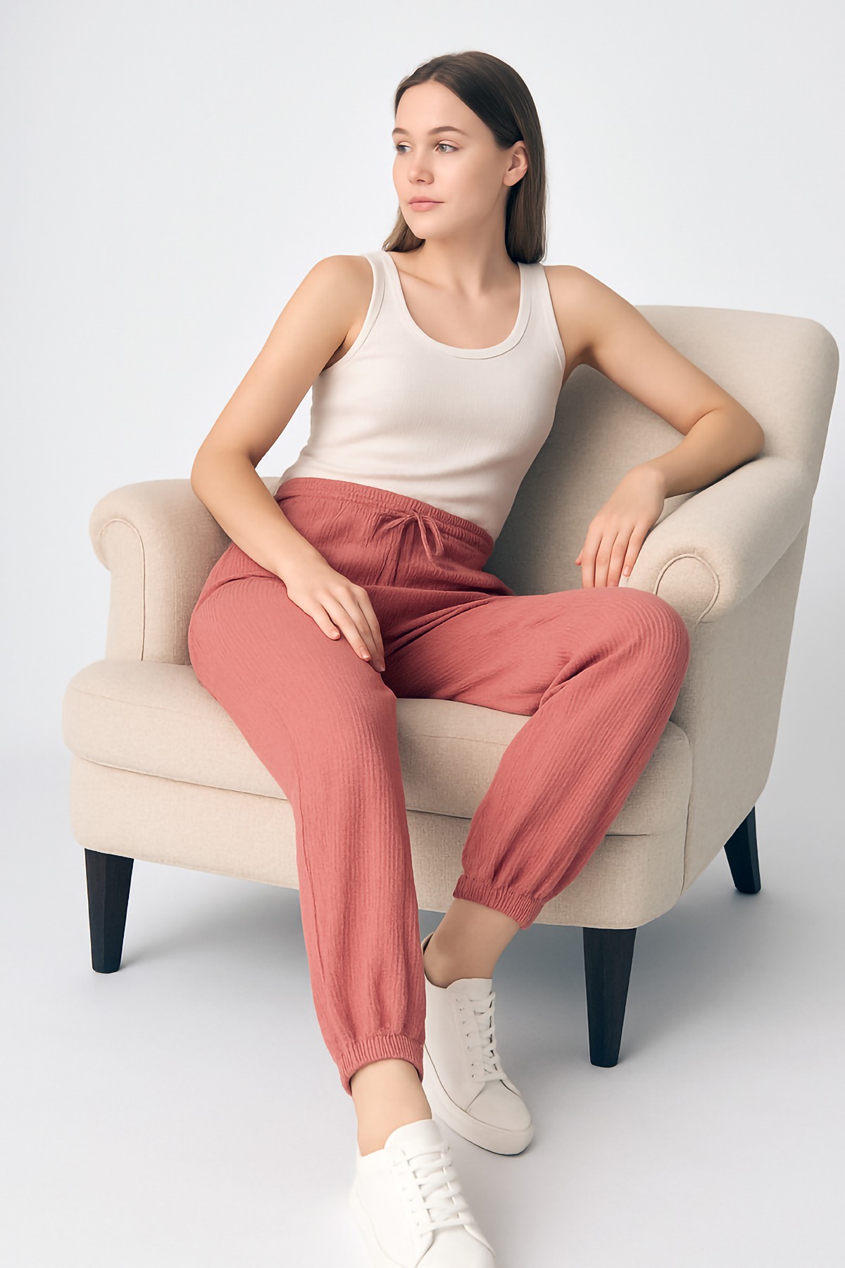 Pamuklu Fitilli Paça Bantlı Kadın Pijama Altı - Vizon