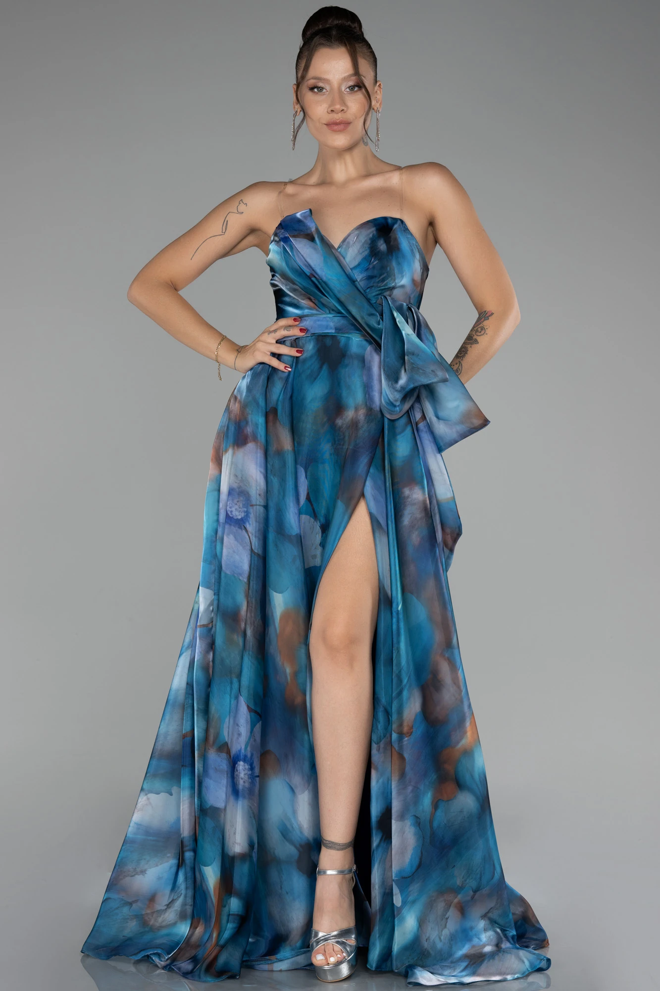 Strapless Slit Long Satin Printed Prom Gown ABU4157
