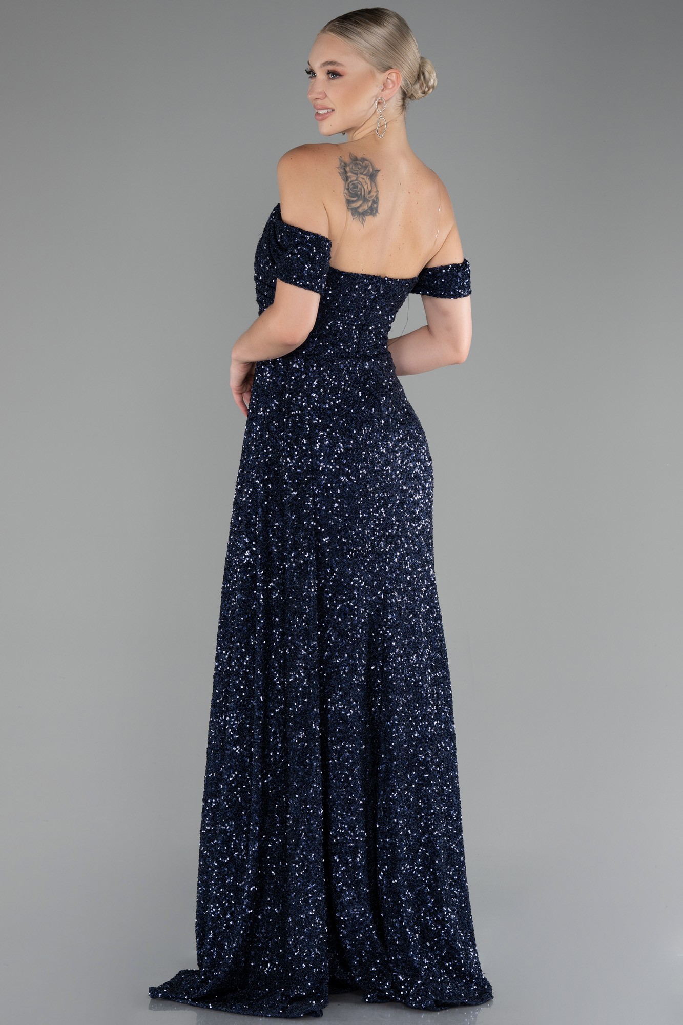 Off Shoulder Boat Neck Slit Sequined Long Evening Gown ABU4074