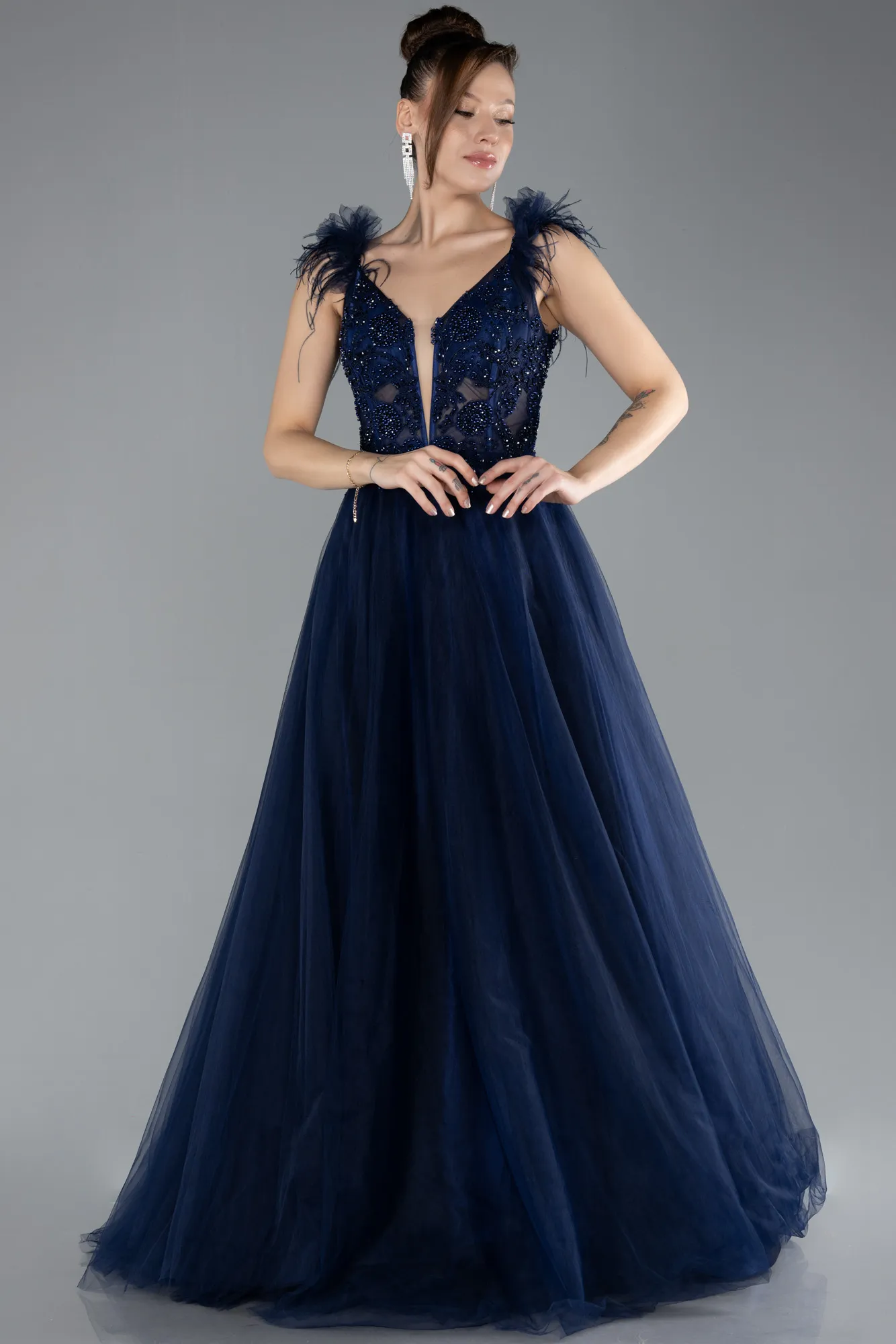Sleeveless Beaded Long Tulle Prom Dress ABU4491