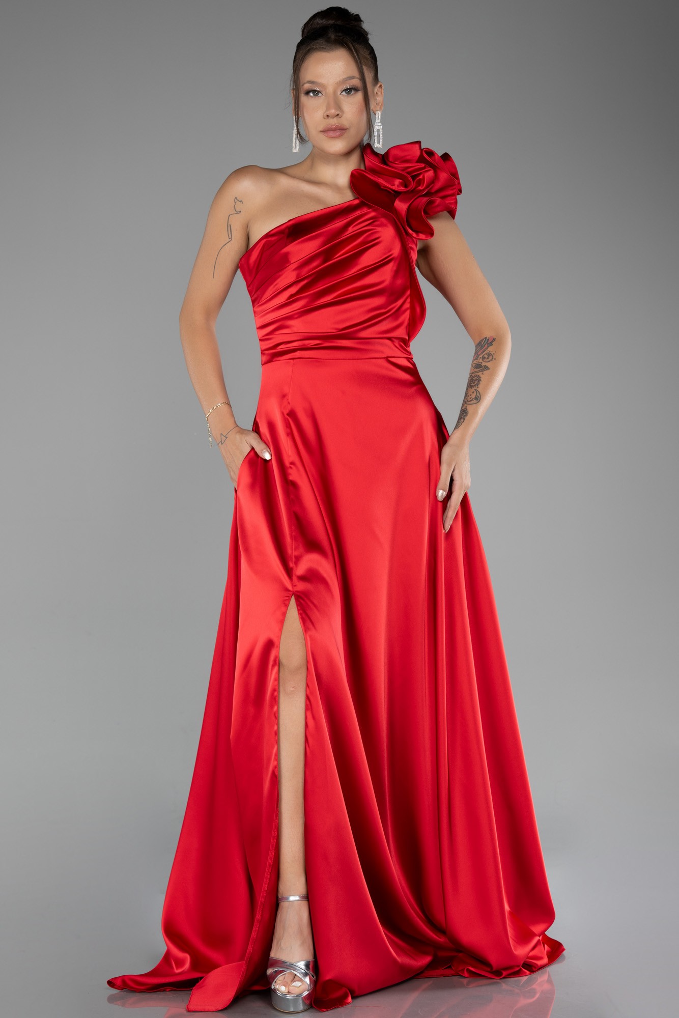 One Shoulder Slit Long Satin Evening Dress ABU4092
