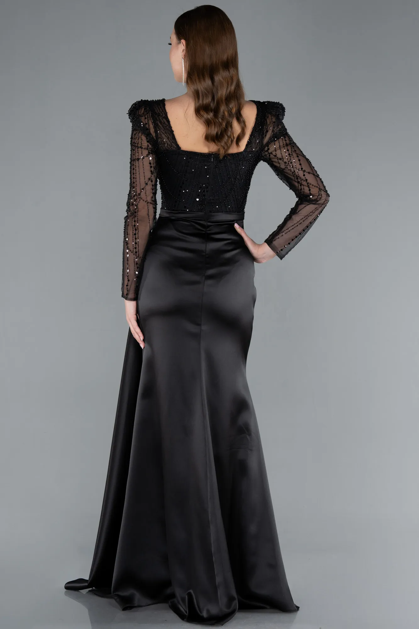 Beaded Long Sleeve Slit Satin Evening Gown ABU4781