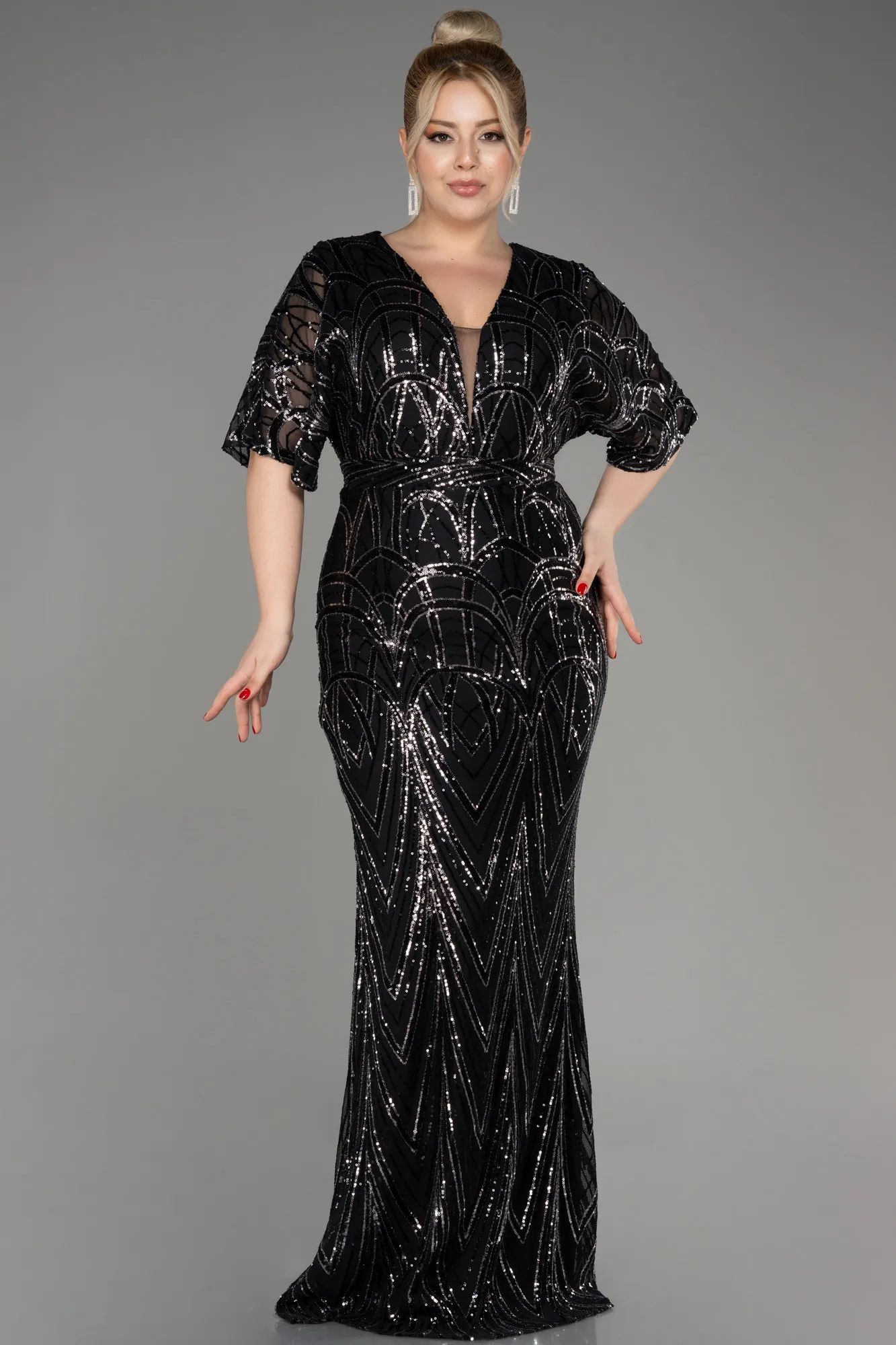 Short Sleeve Sequin Long Plus Size Evening Gown ABU3922
