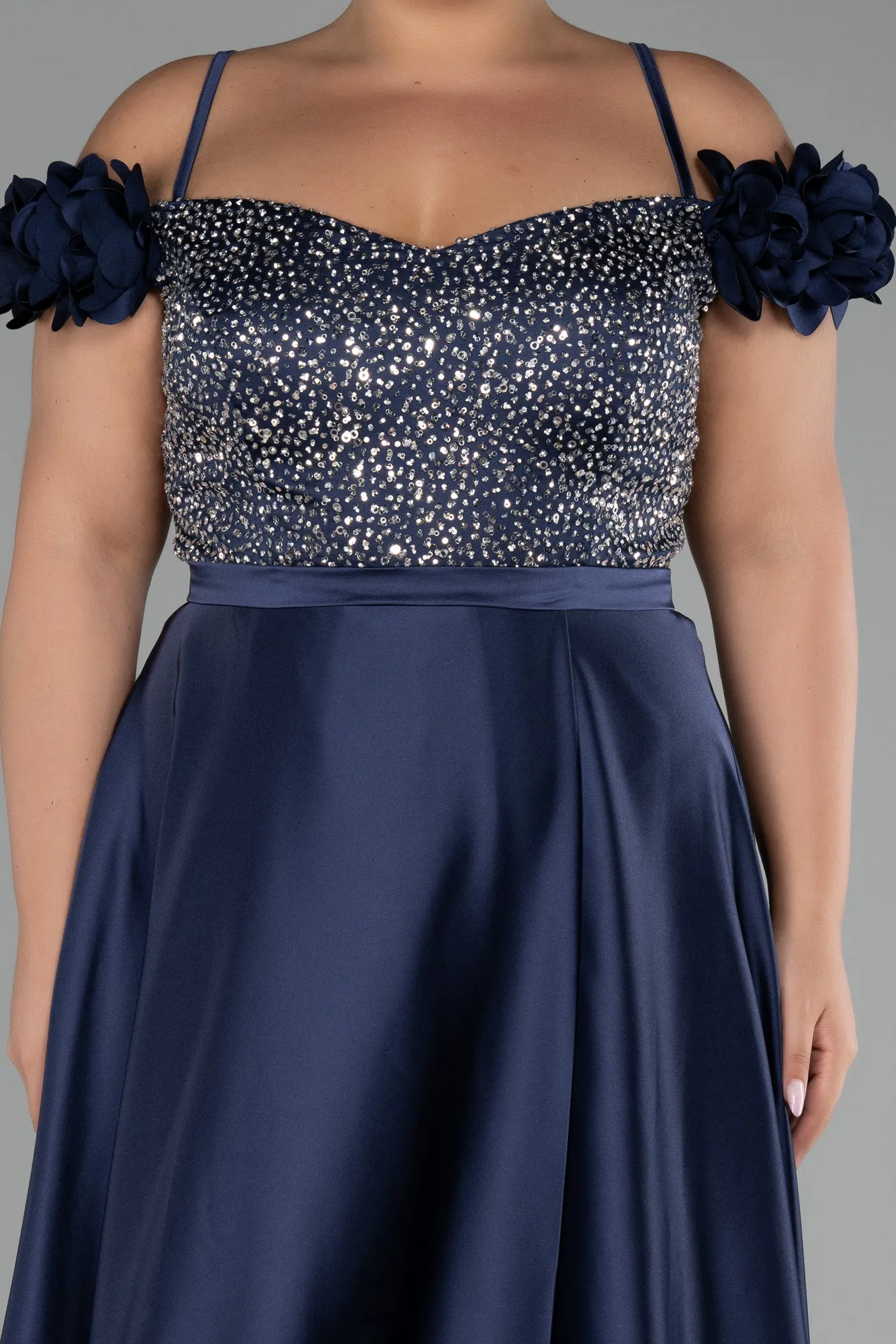 Sequined Boat Neck Long Satin Plus Size Evening Gown ABU4127