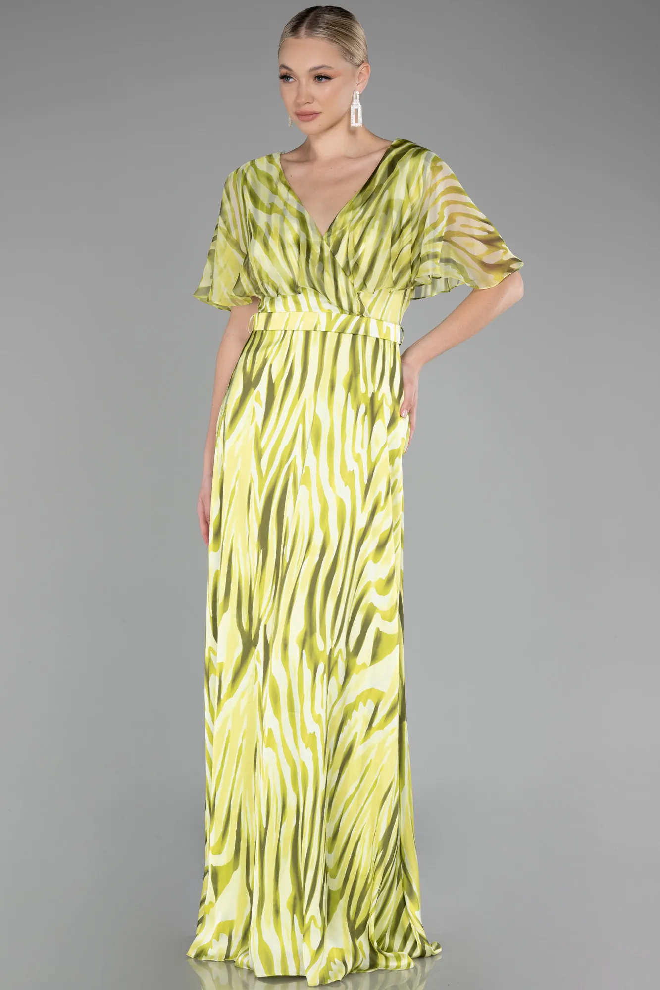 Short Sleeve Print Long Satin Prom Dress ABU3973