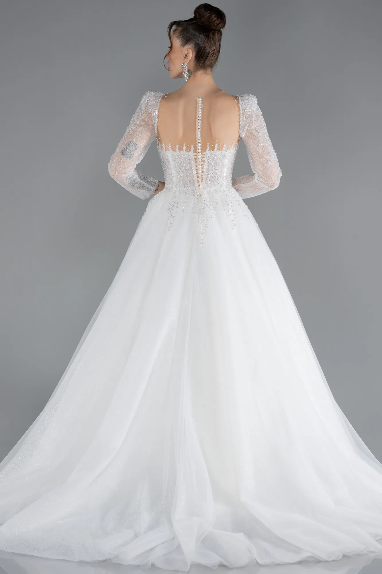 Stoned Long Sleeve Underwire Silvery Wedding Dress ABG055