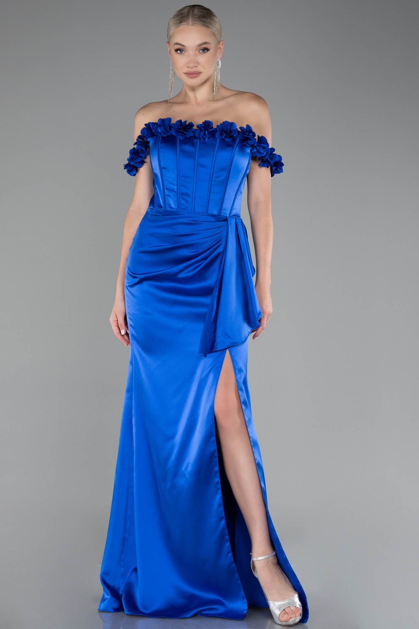 Slit Boat Neck Long Satin Evening Dress ABU4055