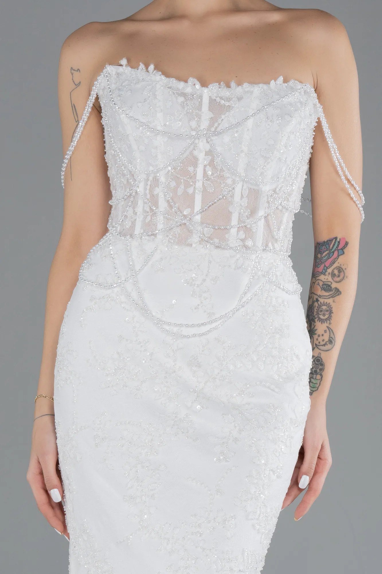 Beaded Long Fish Model Wedding Dress ABG035