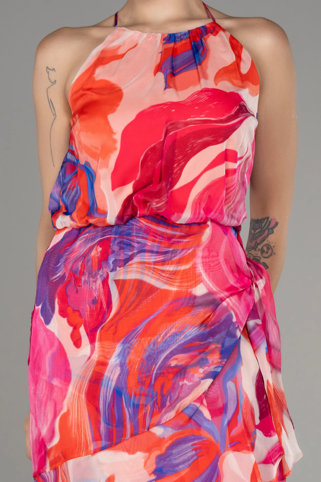 Halter Neck Midi Patterned Cocktail Dress ABK2107