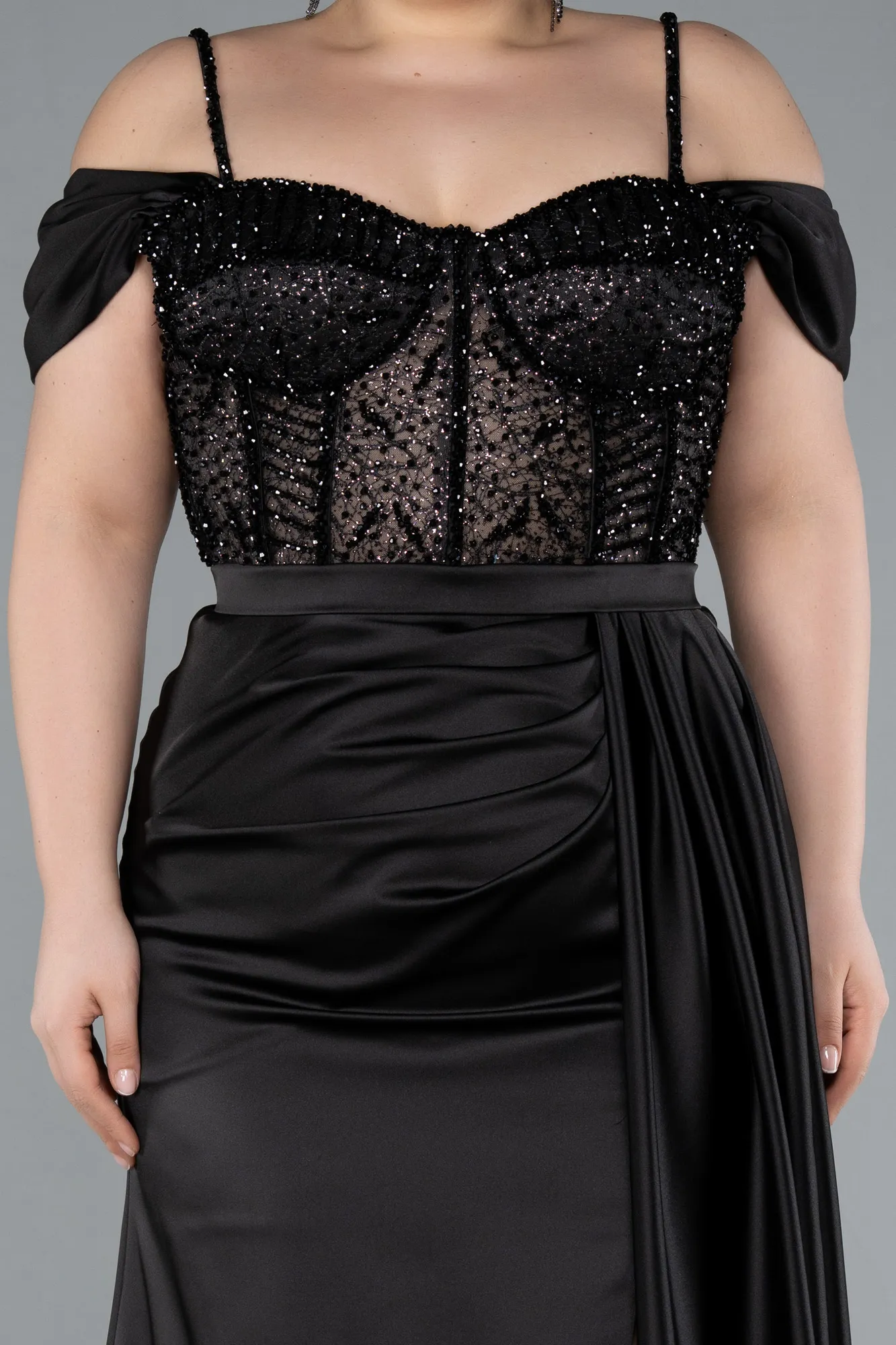 Glittery Underwire Slit Long Satin Plus Size Evening Gown ABU4803