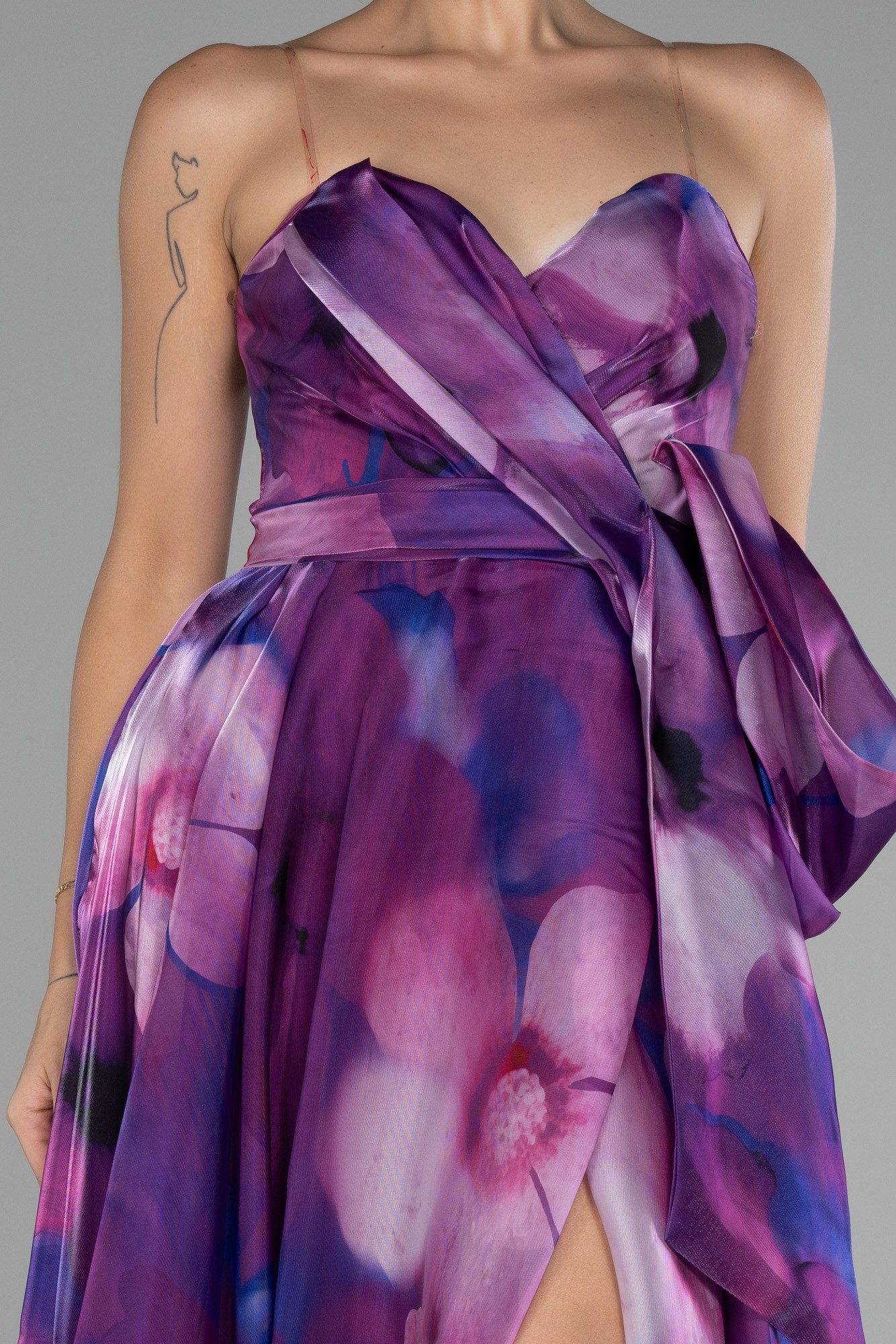 Strapless Slit Long Satin Printed Prom Gown ABU4157