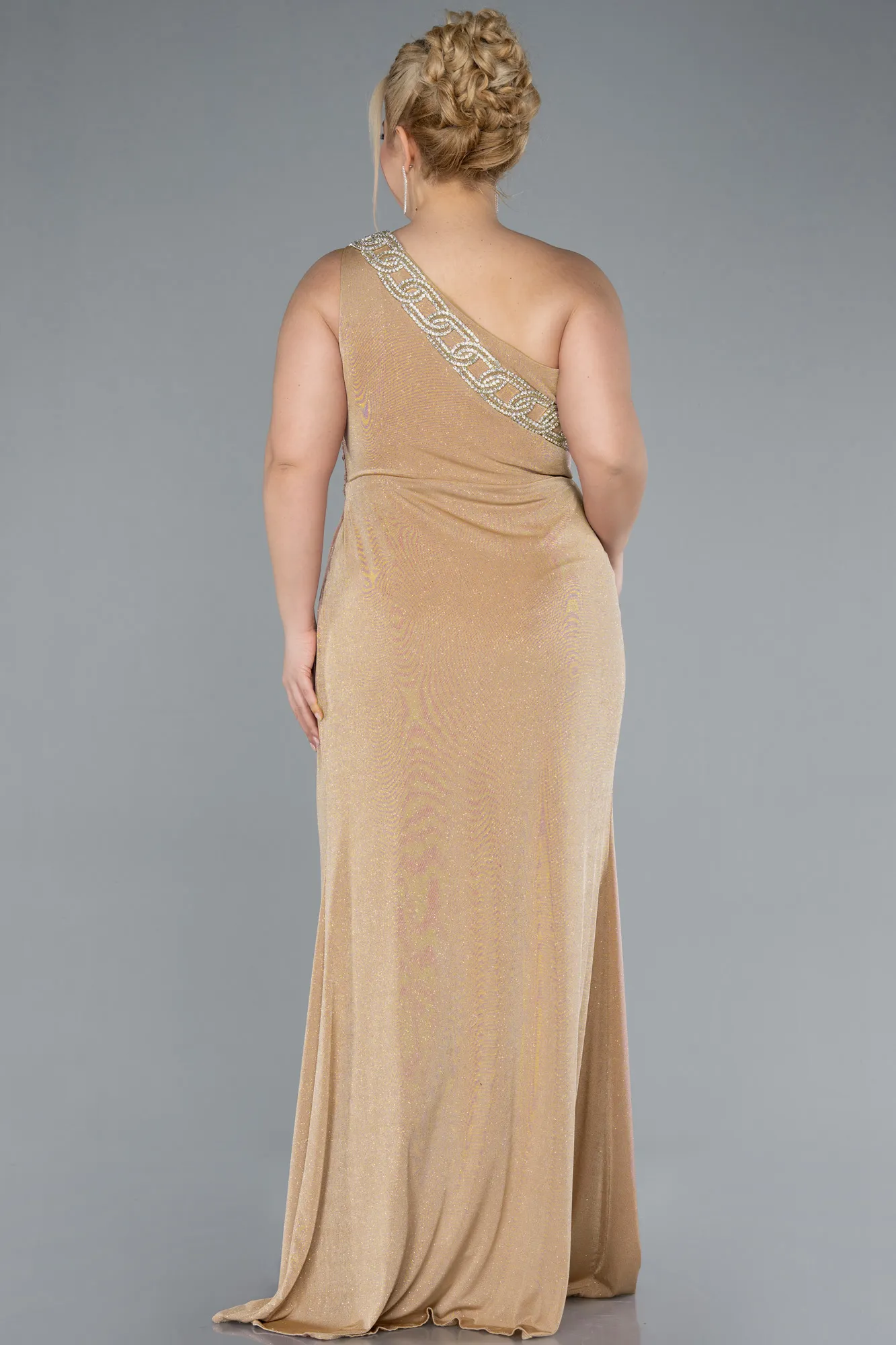 One Shoulder Slit Glittered Long Plus Size Prom Dress ABU4601