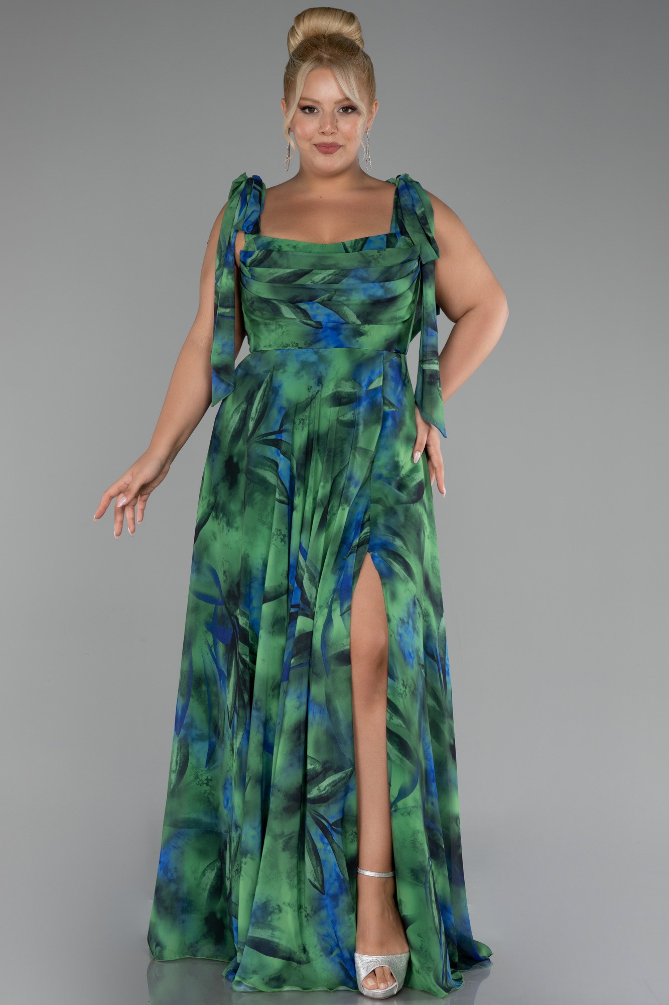 Strappy Slit Printed Long Plus Size Prom Dress ABU4204