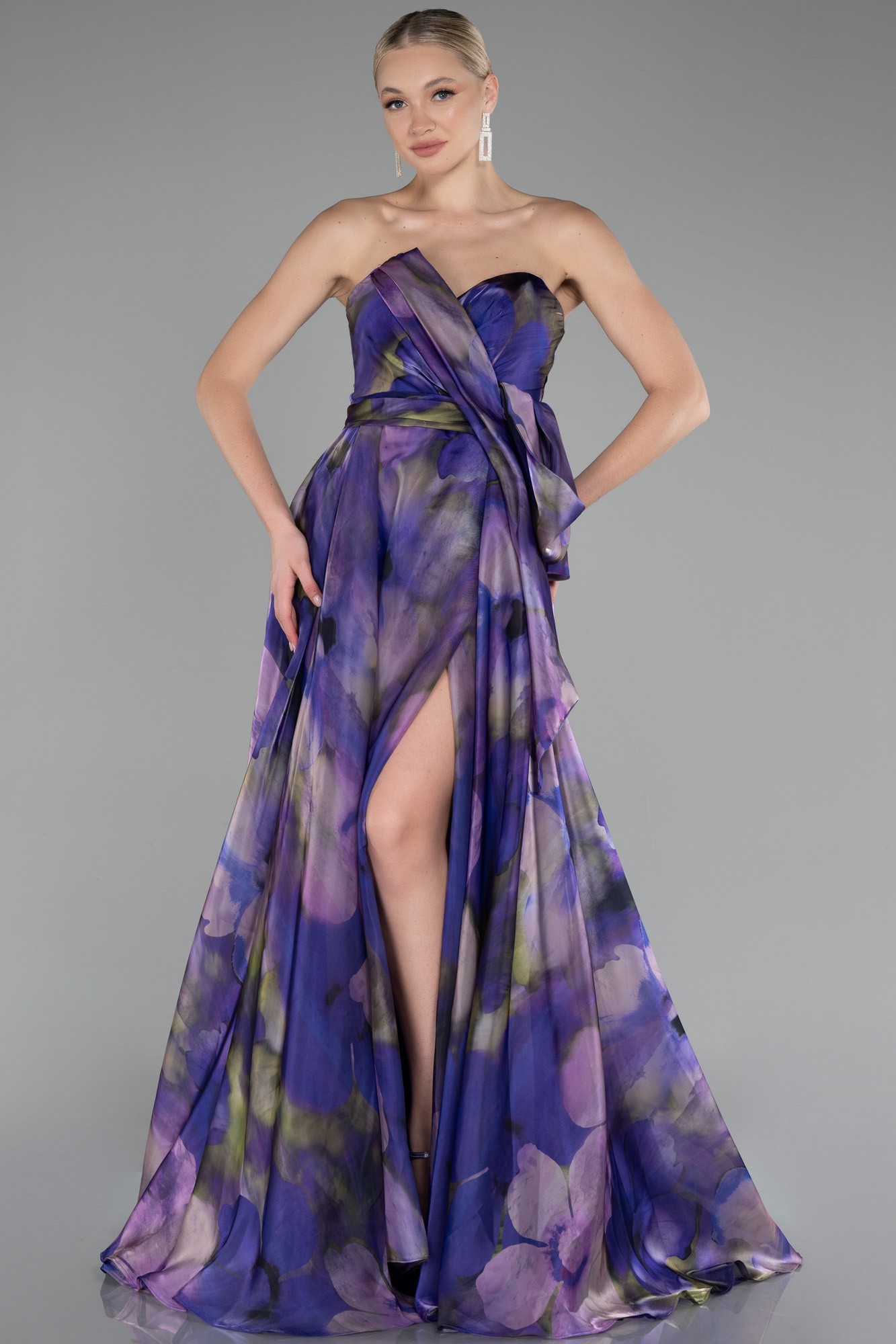 Strapless Slit Long Satin Printed Prom Gown ABU4157