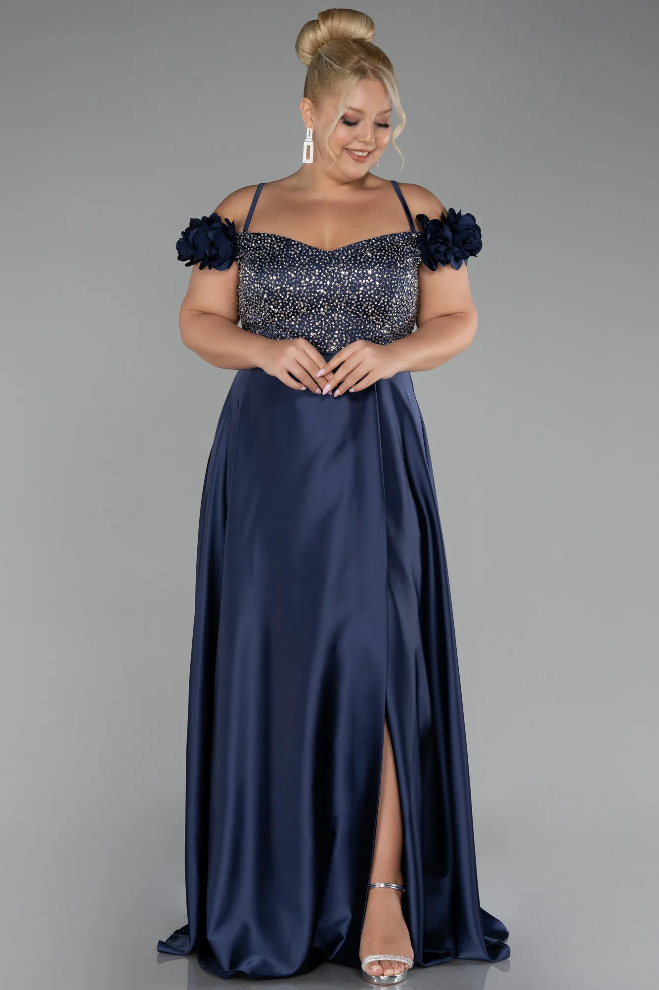 Sequined Boat Neck Long Satin Plus Size Evening Gown ABU4127