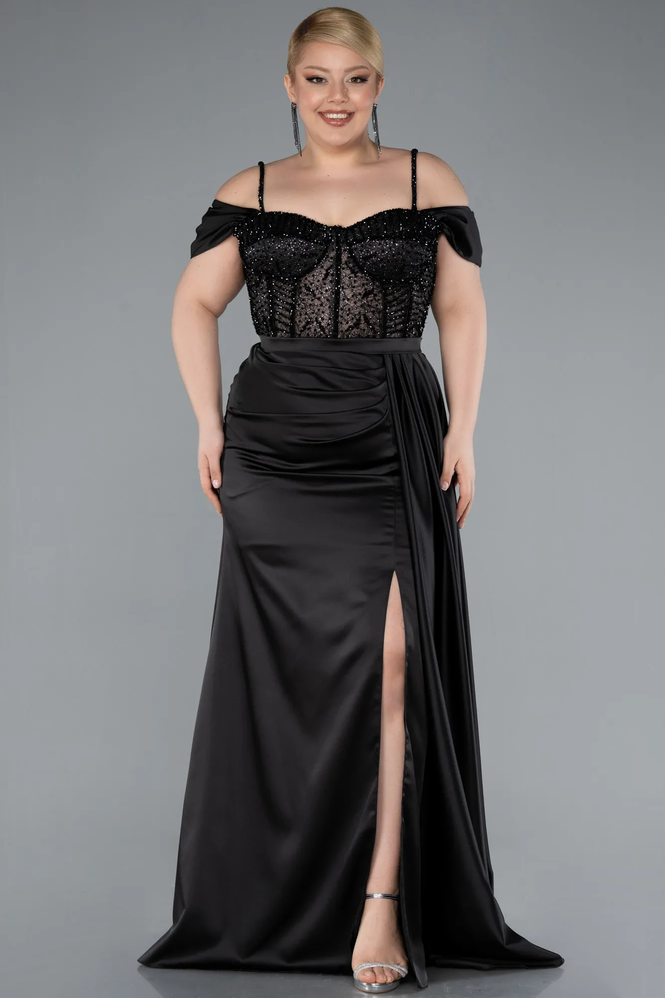 Glittery Underwire Slit Long Satin Plus Size Evening Gown ABU4803