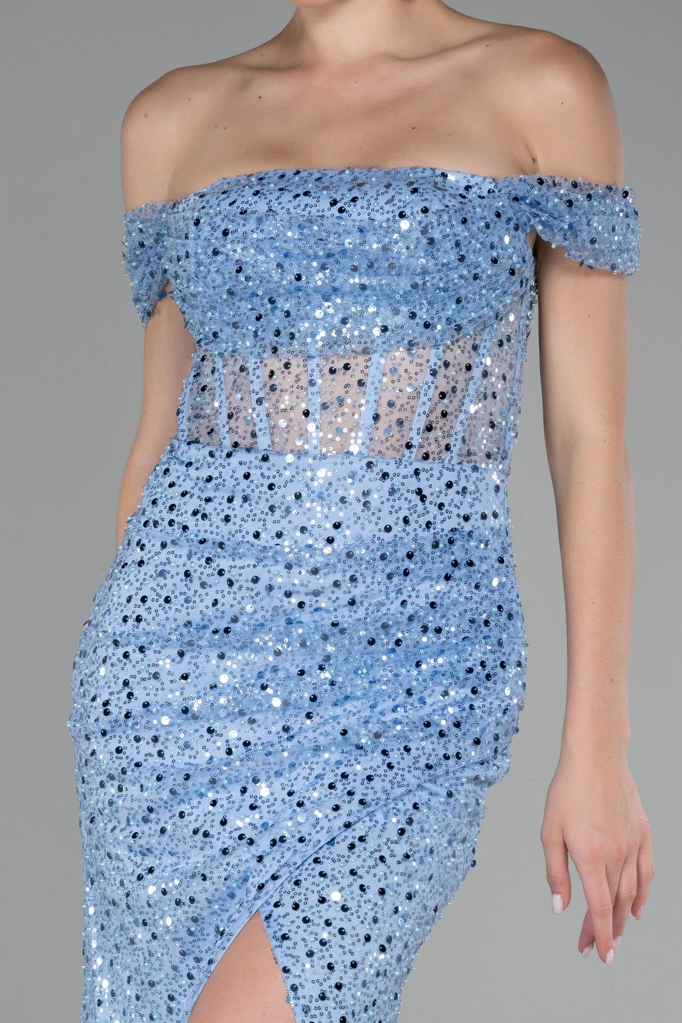 Boat Neck Slit Long Sequined Evening Gown ABU4120