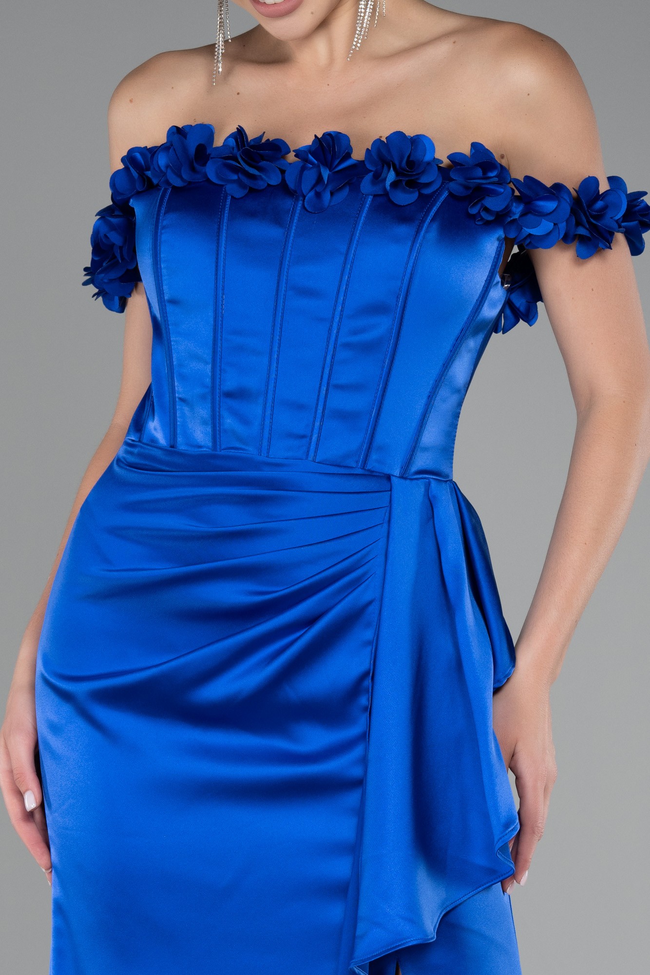 Slit Boat Neck Long Satin Evening Dress ABU4055
