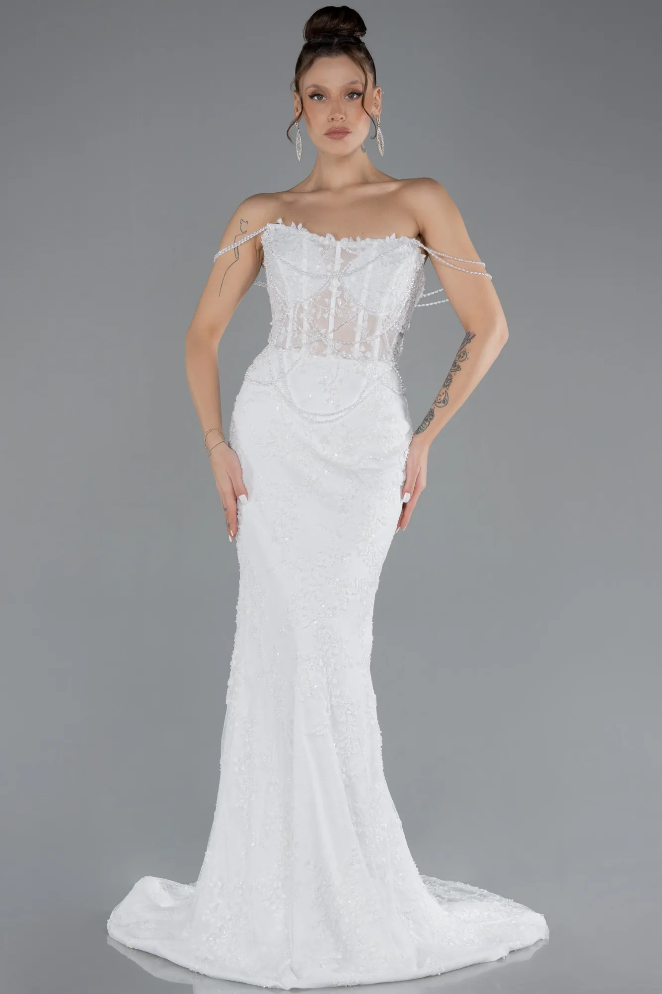 Beaded Long Fish Model Wedding Dress ABG035