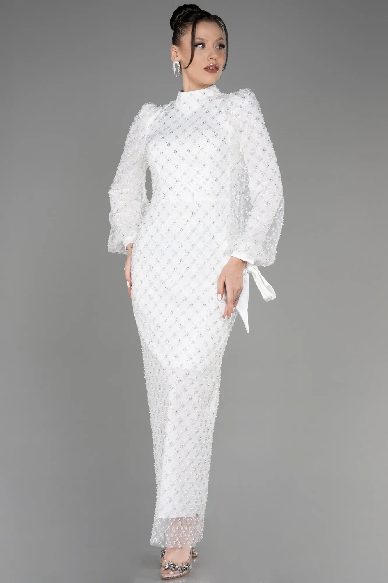 Beaded Long Sleeve Midi Evening Dress ABK2045