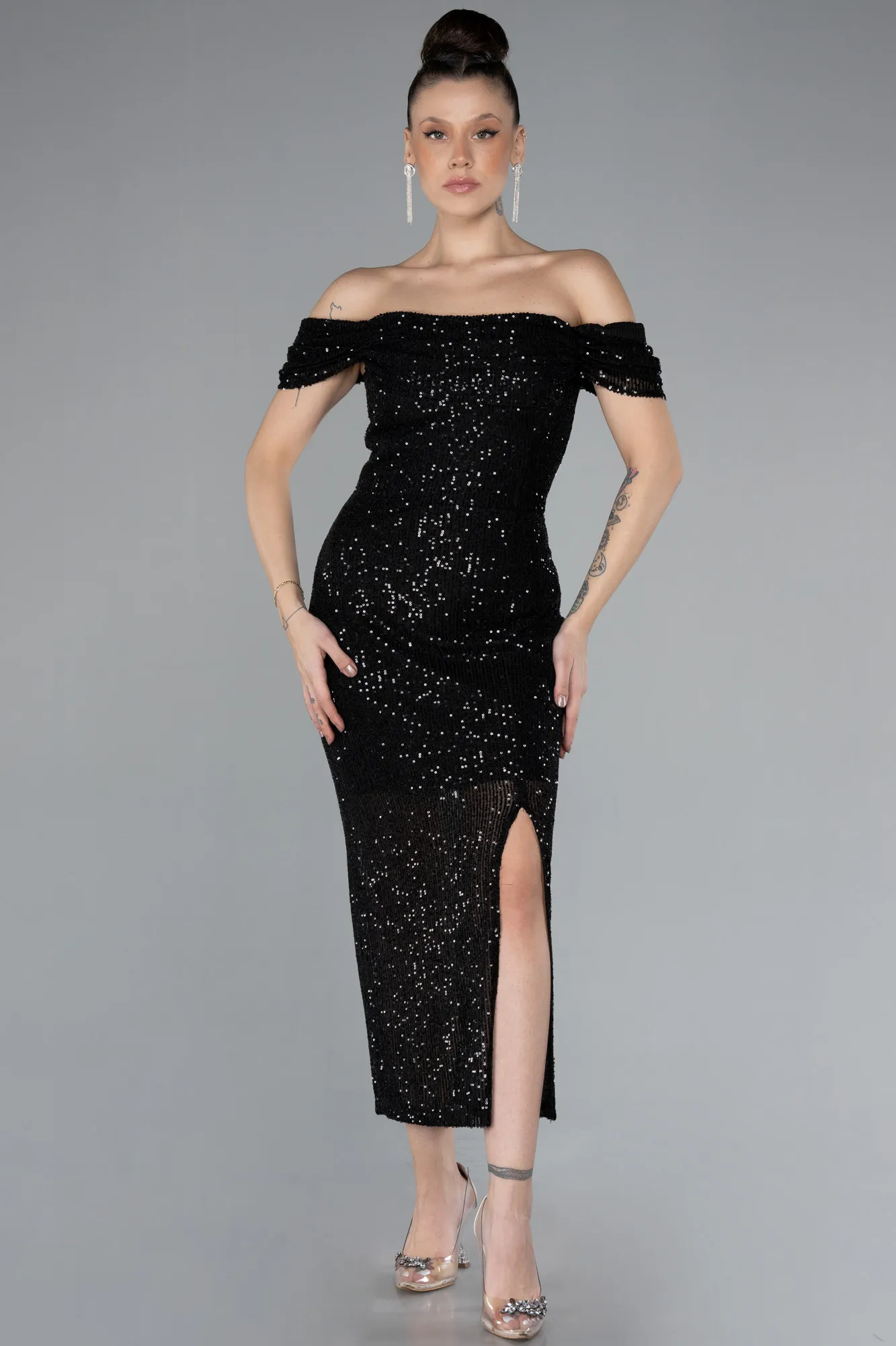 Boat Neck Slit Midi Sequined Evening Dress ABK2207