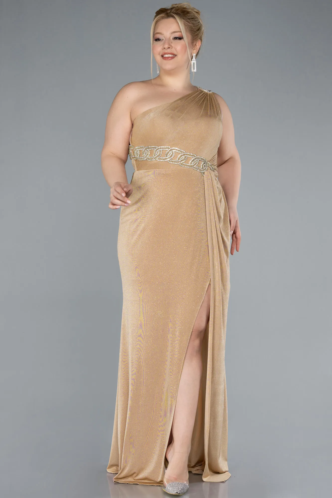 One Shoulder Slit Glittered Long Plus Size Prom Dress ABU4601