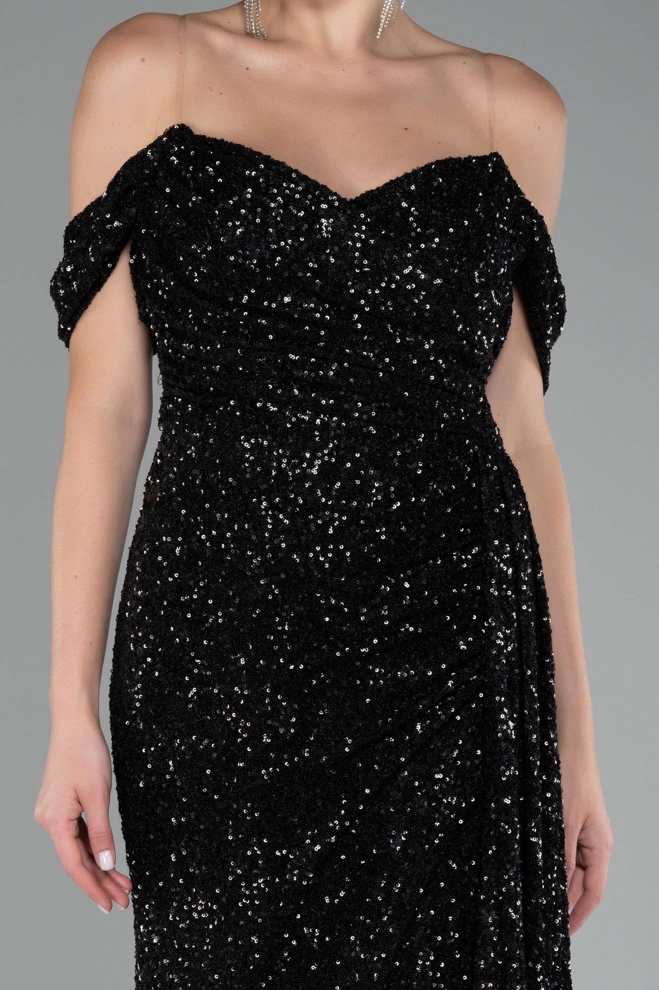 Off Shoulder Boat Neck Slit Sequined Long Evening Gown ABU4074